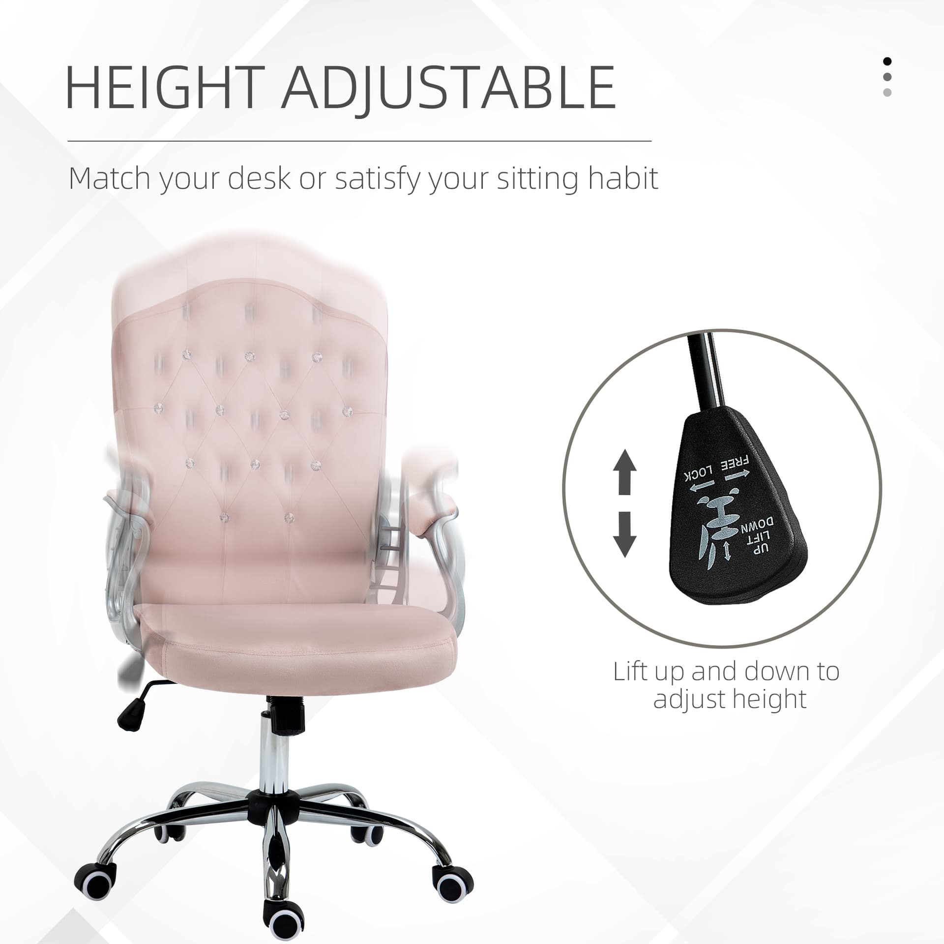 Office Chair, Velvet Computer Chair, Button Tufted Desk Chair with Swivel Wheels, Adjustable Height, Tilt Function, Pink