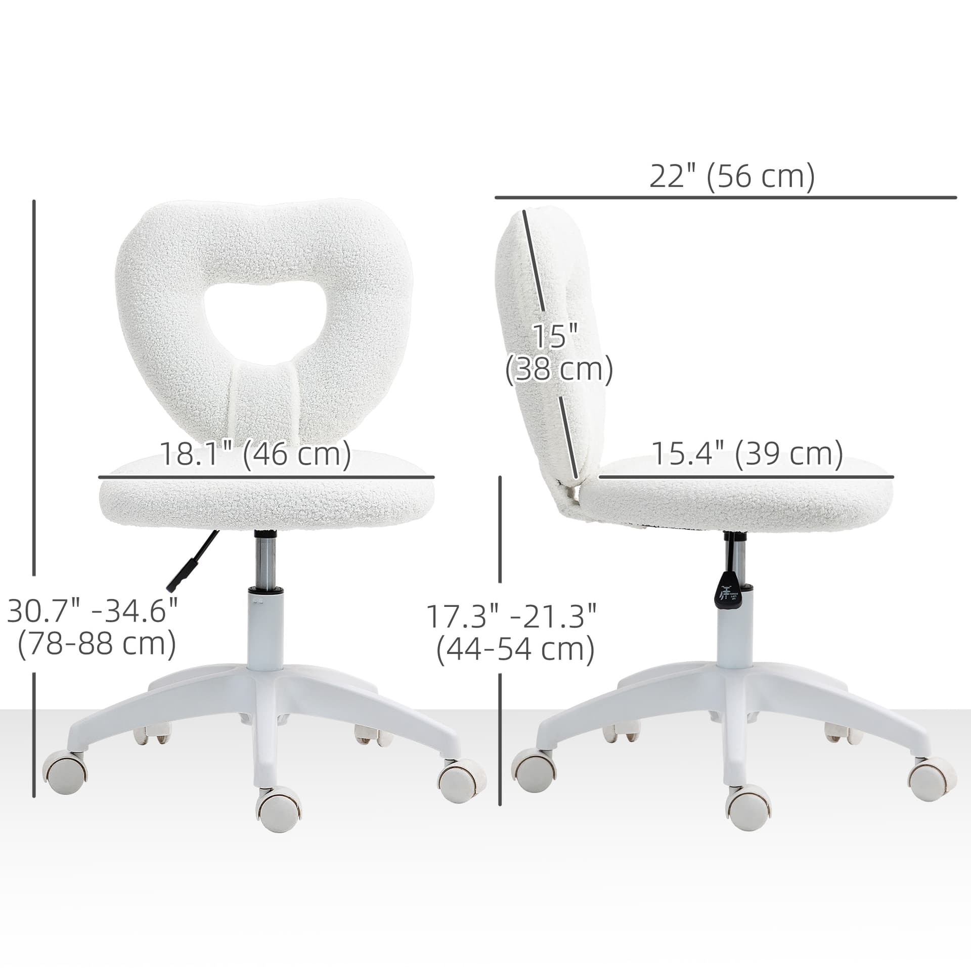 Armless Computer Desk Chair, Office Task Chair, Teddy Fleece Heart Makeup Vanity Chair with Swivel Wheels, White