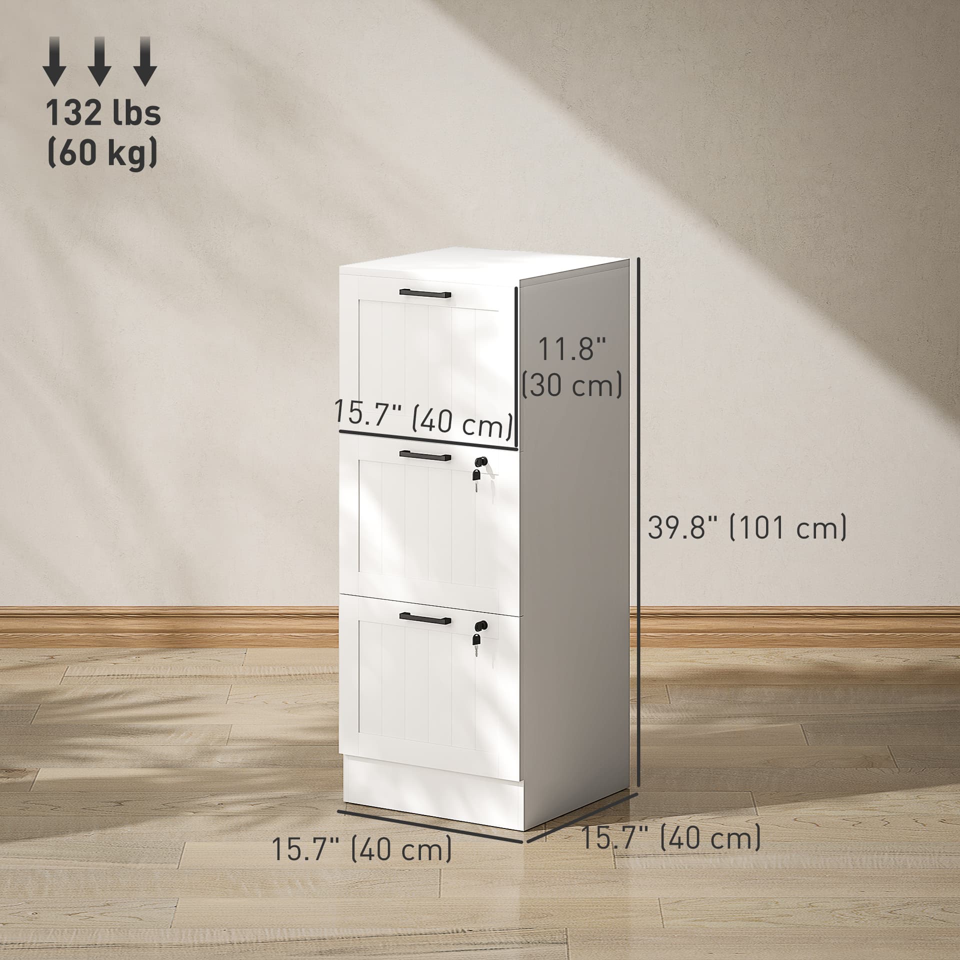 3 Drawer Filing Cabinet with Lock, Office Storage Cabinet with Adjustable Hanging Bars for A4 Letter Size Files, White