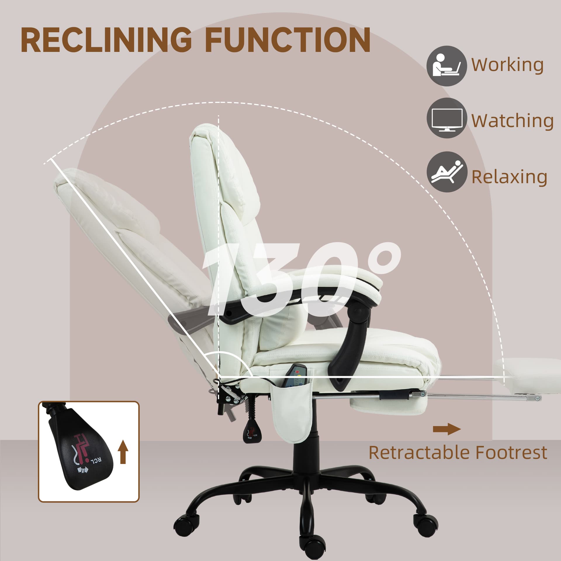 6-Point Vibration Massage Chair, Height Adjustable Reclining Computer Chair with Retractable Footrest, White