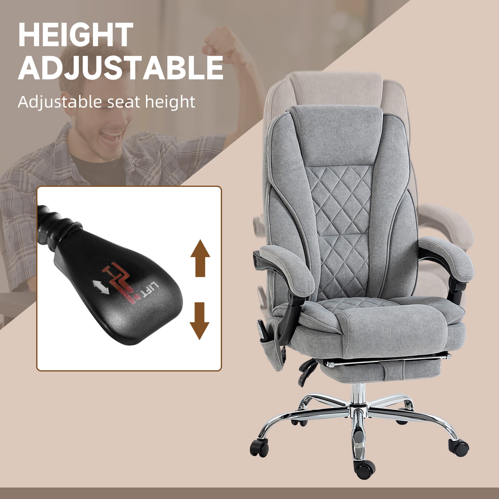 Massage Office Chair, Reclining Computer Chair with Adjustable Height and Footrest, Grey