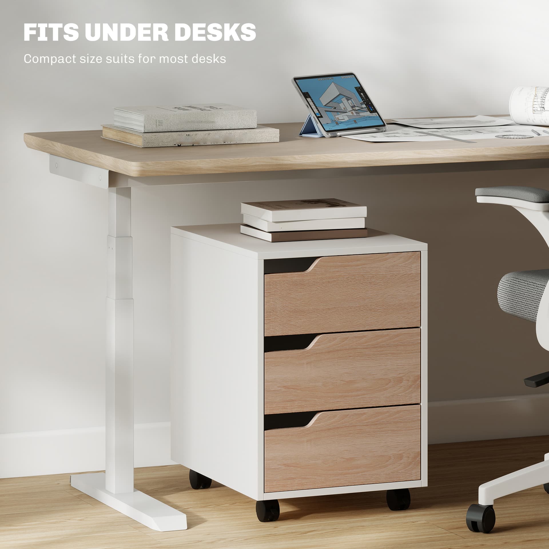 3 Drawer File Cabinet, Mobile Vertical Filing Cabinet with Wheels, Printer Stand with Storage for Home Office, Oak