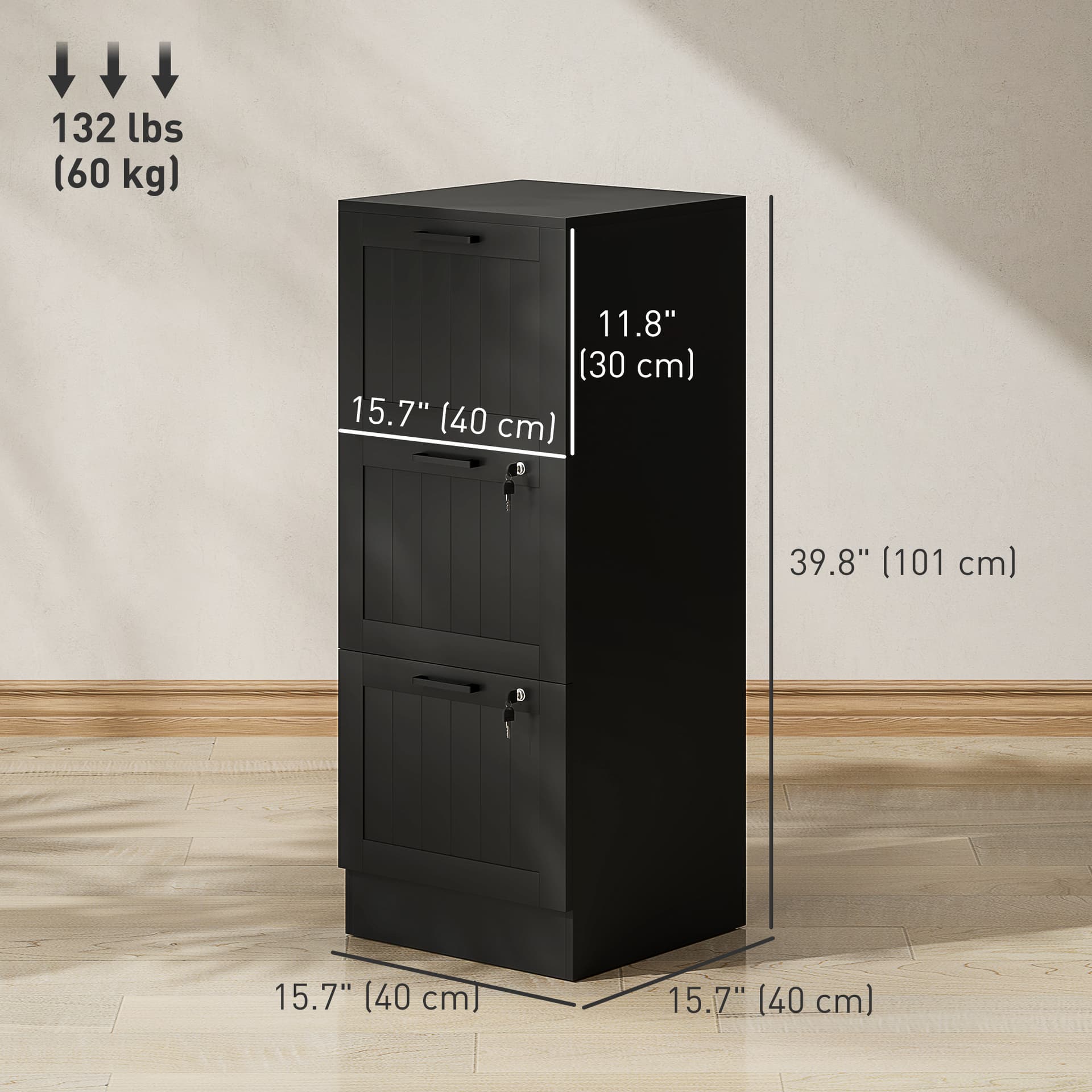 3 Drawer Filing Cabinet with Lock, Office Storage Cabinet with Adjustable Hanging Bars for A4 Letter Size Files, Black