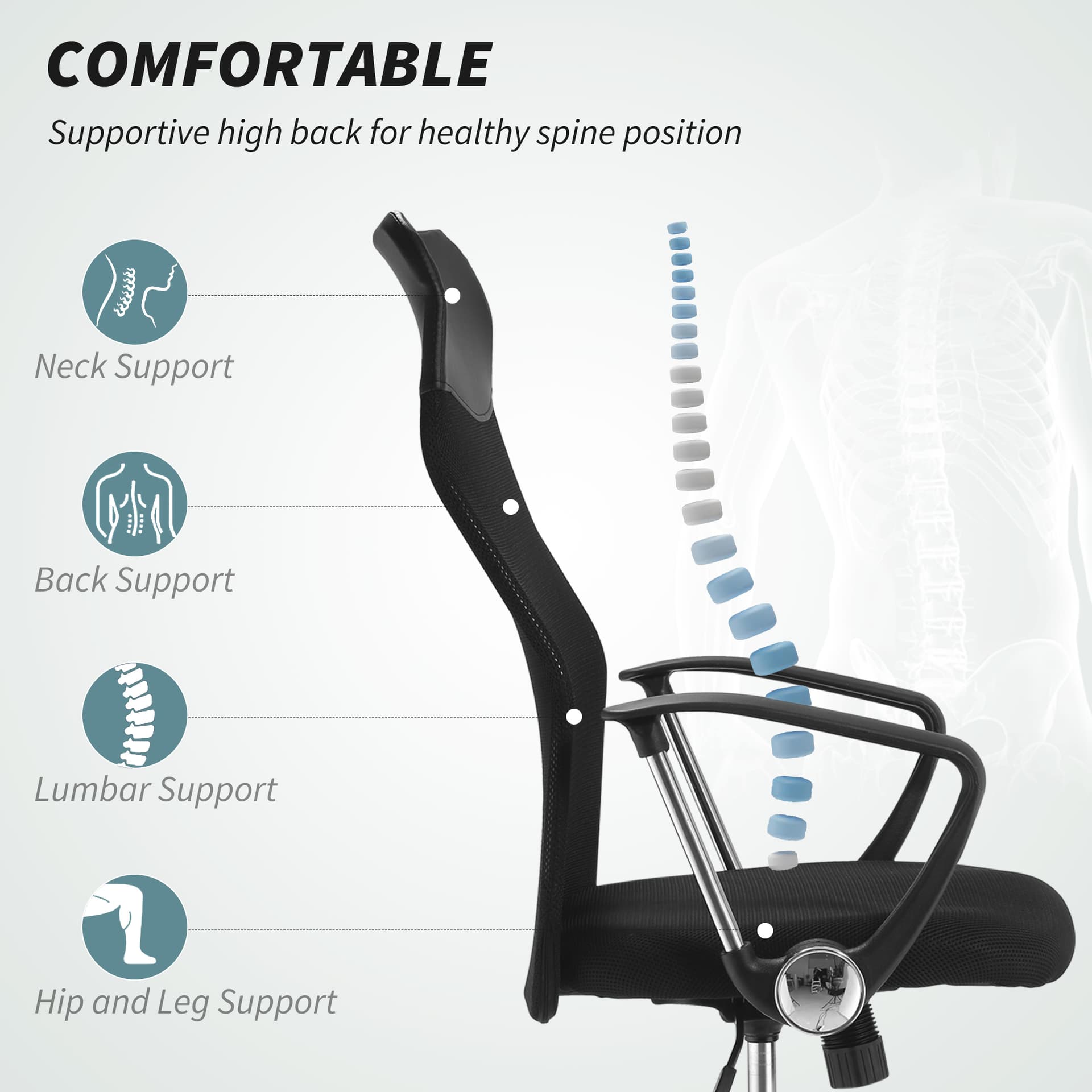 Ergonomic Mesh Office Chair, High Back Computer Desk Chair with Adjustable Height, Tilt Function, Armrest, 360° Swivel Office, Black