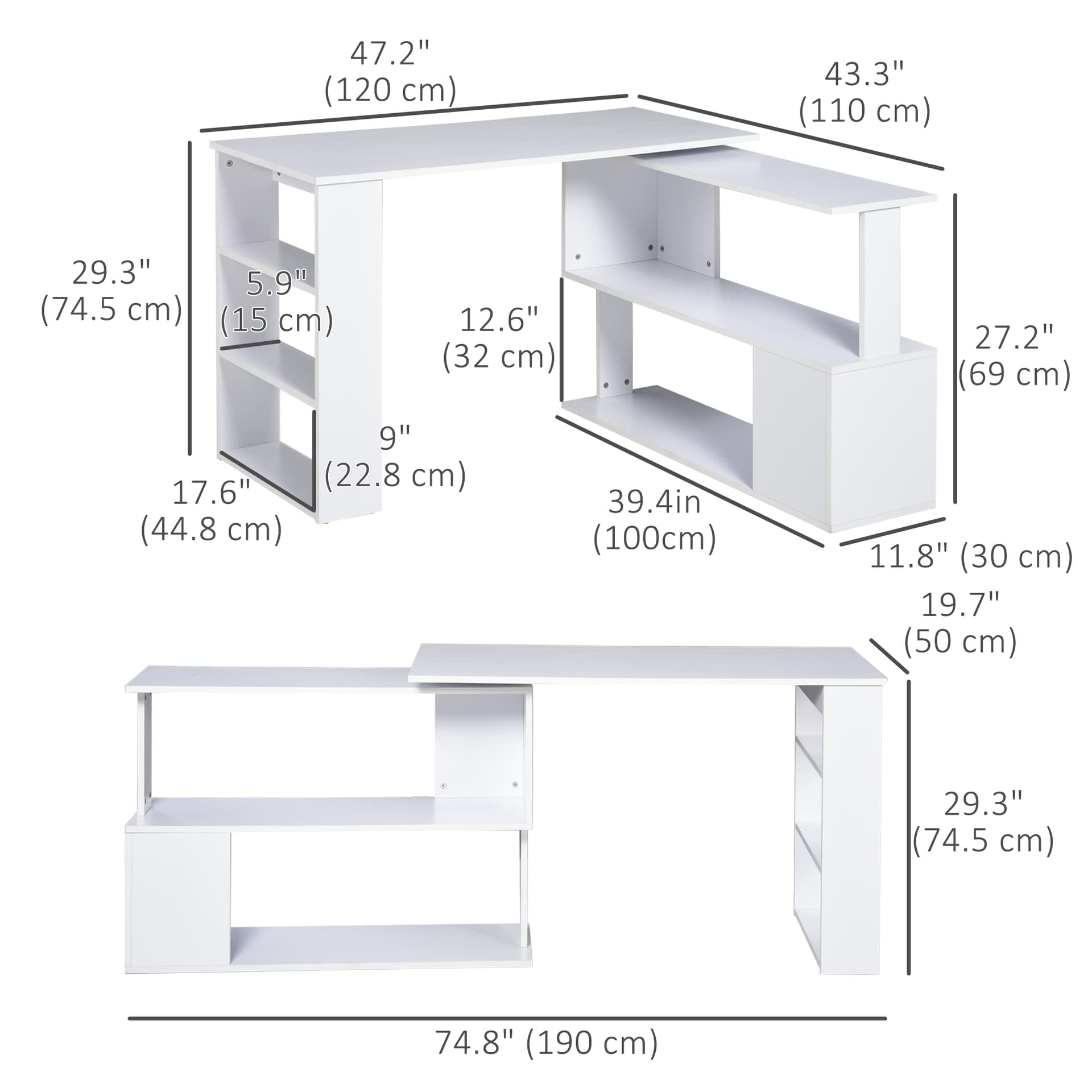47" L Shaped Desk, 360° Rotating Corner Desk, Reversible Computer Writing Table Workstation with Storage Shelf for Home Office, White