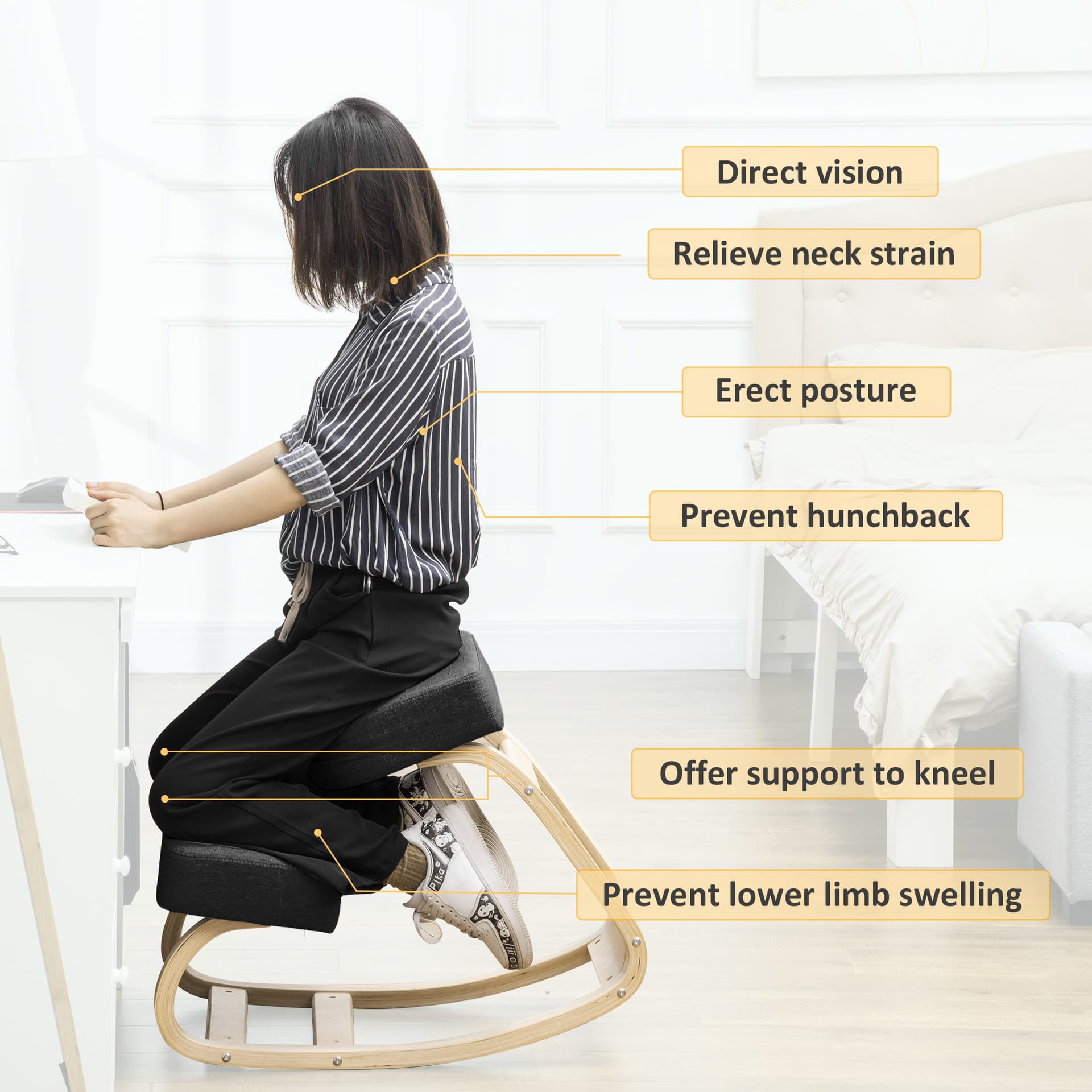 Ergonomic Kneeling Chair, Wood Kneel Stool with Thick Pads, Desk Knee Chair, Improve Posture, Black