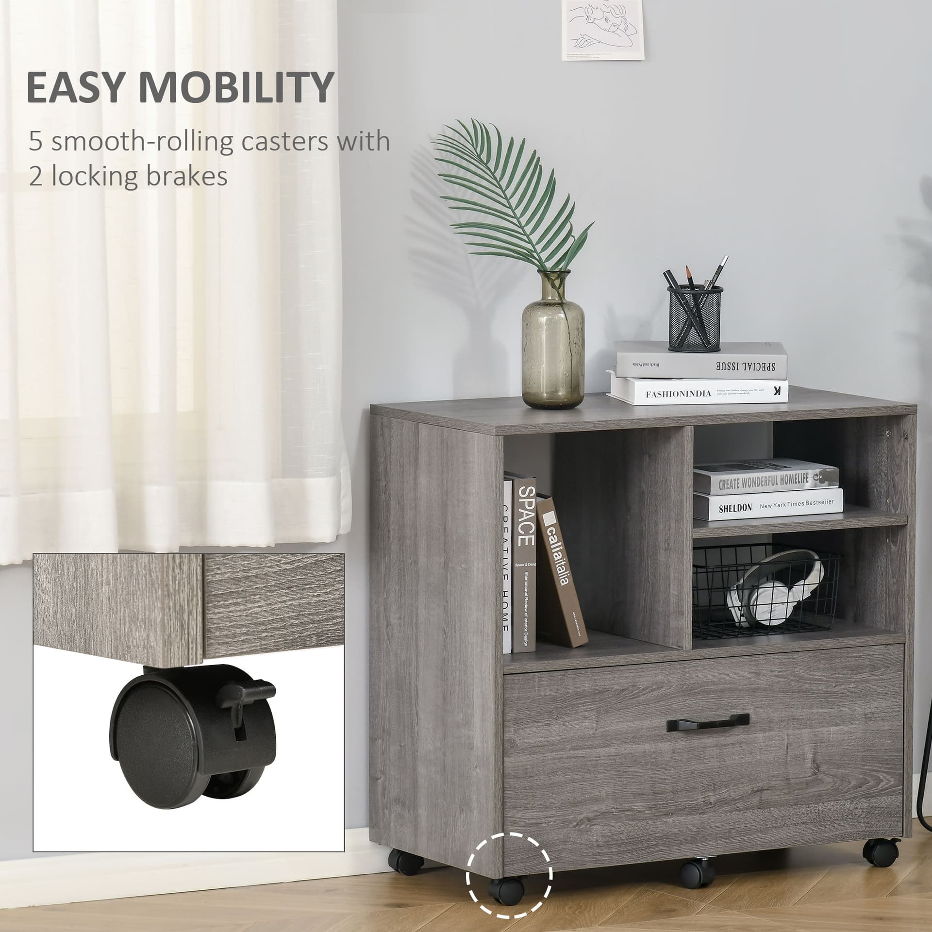 Lateral Filing Cabinet with Open Storage Shelf, Printer Stand, Mobile Office File Cabinet with Wheels for Letter and Legal Sized Files, Grey