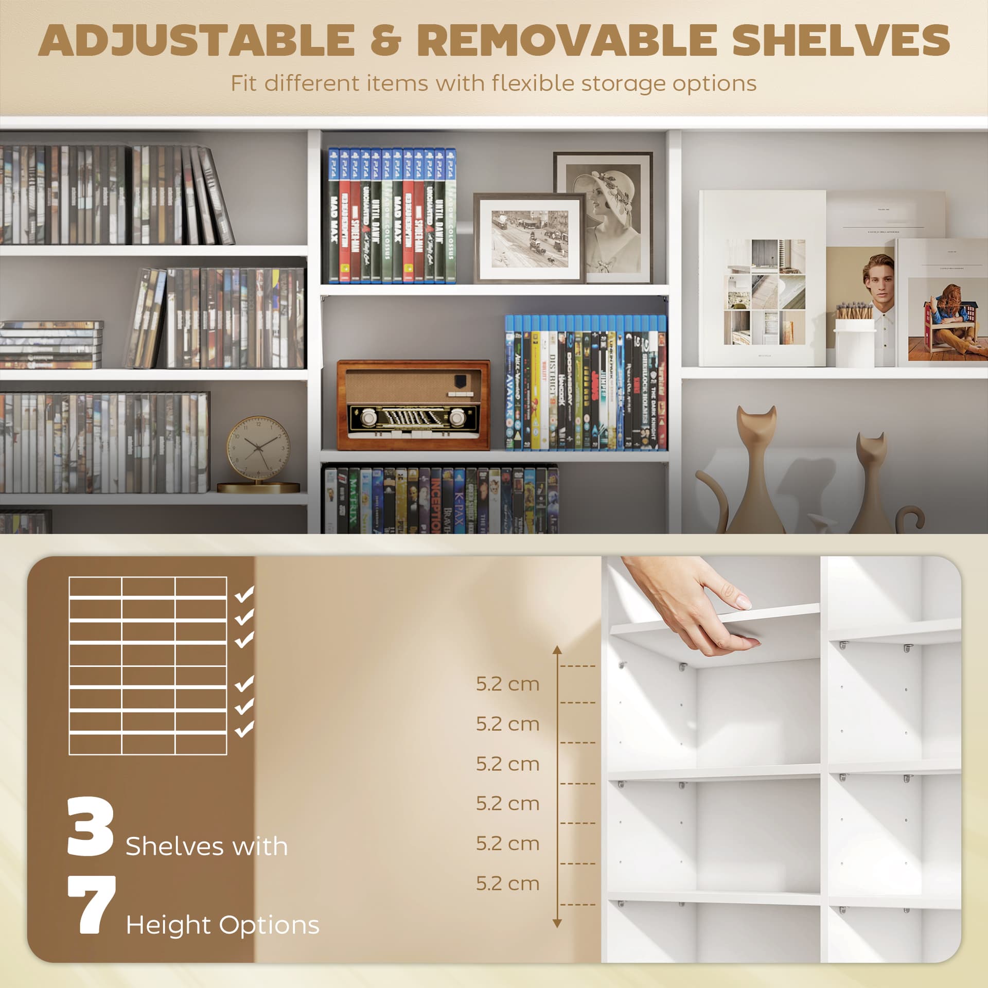Media Storage Cabinet, 8-Tier DVD Shelf with 18 Adjustable Shelves, Holds 1032 CDs, 594 DVDs or Blu-rays, White