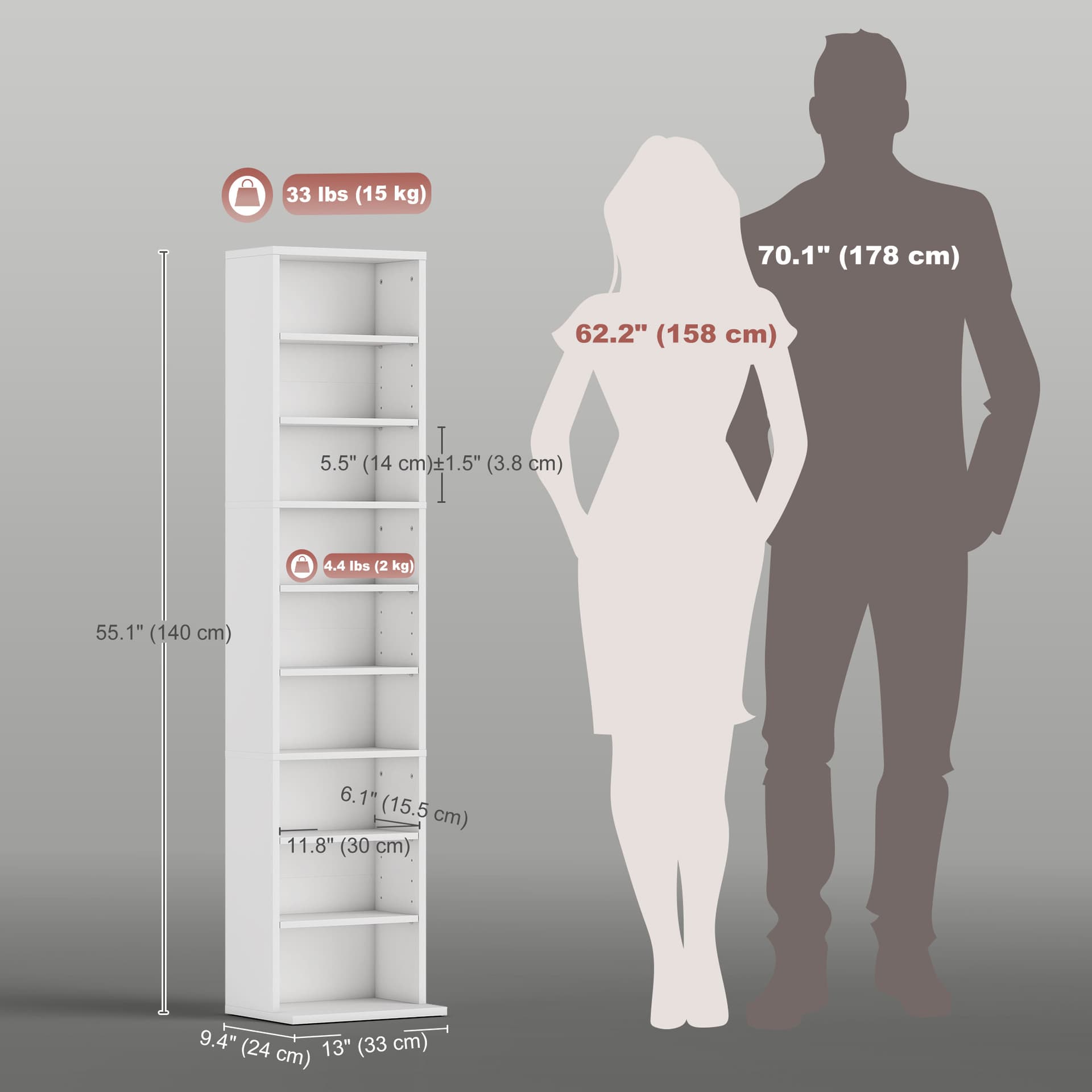 Media Storage Cabinet, 9-Tier Tall Narrow DVD Shelf with 6 Adjustable Shelves, White