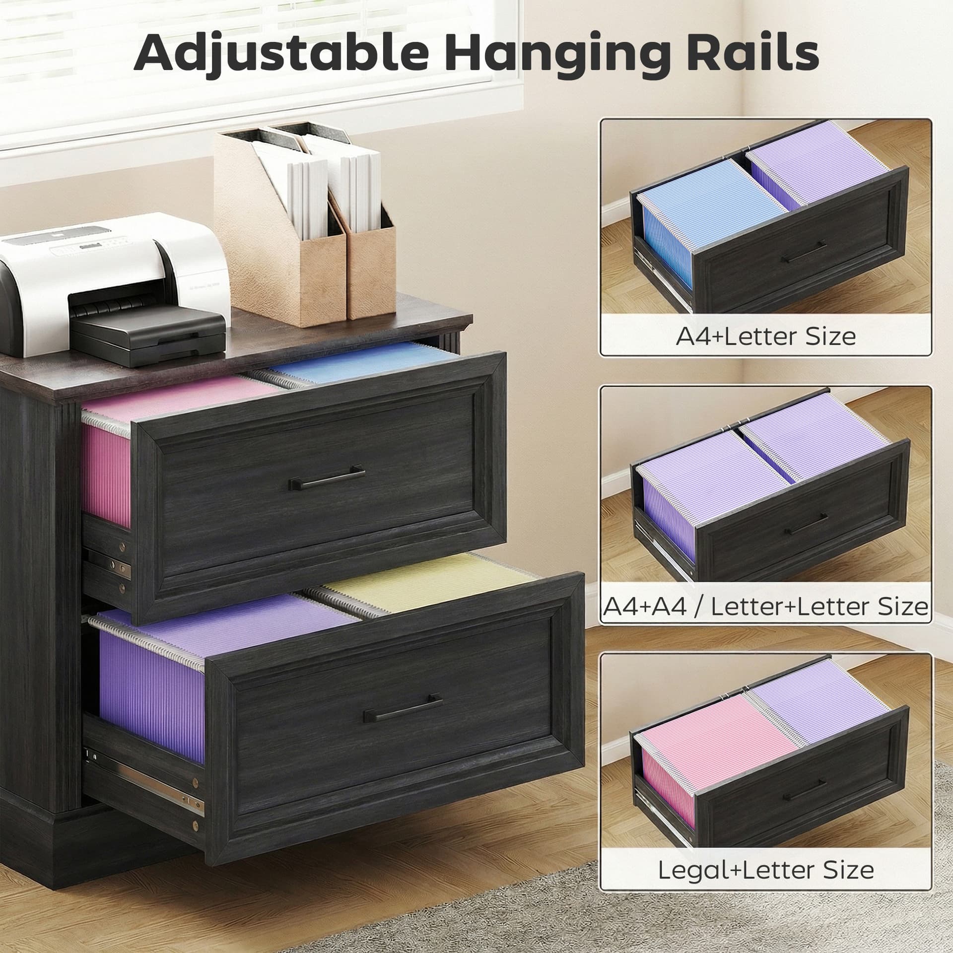 Lateral Filing Cabinet, Farmhouse File Cabinet with 2 Silent Drawers for Letter/A4/Legal Size Files, Black