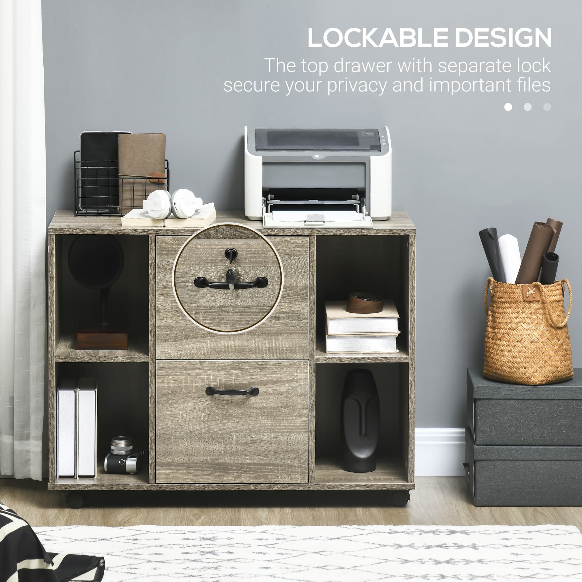 Lateral Filing Cabinet with Wheels and Lockable Drawer, File Cabinet, Mobile Printer Stand with Open Shelves for Letter and A4 Size Documents for Home Office, Grey