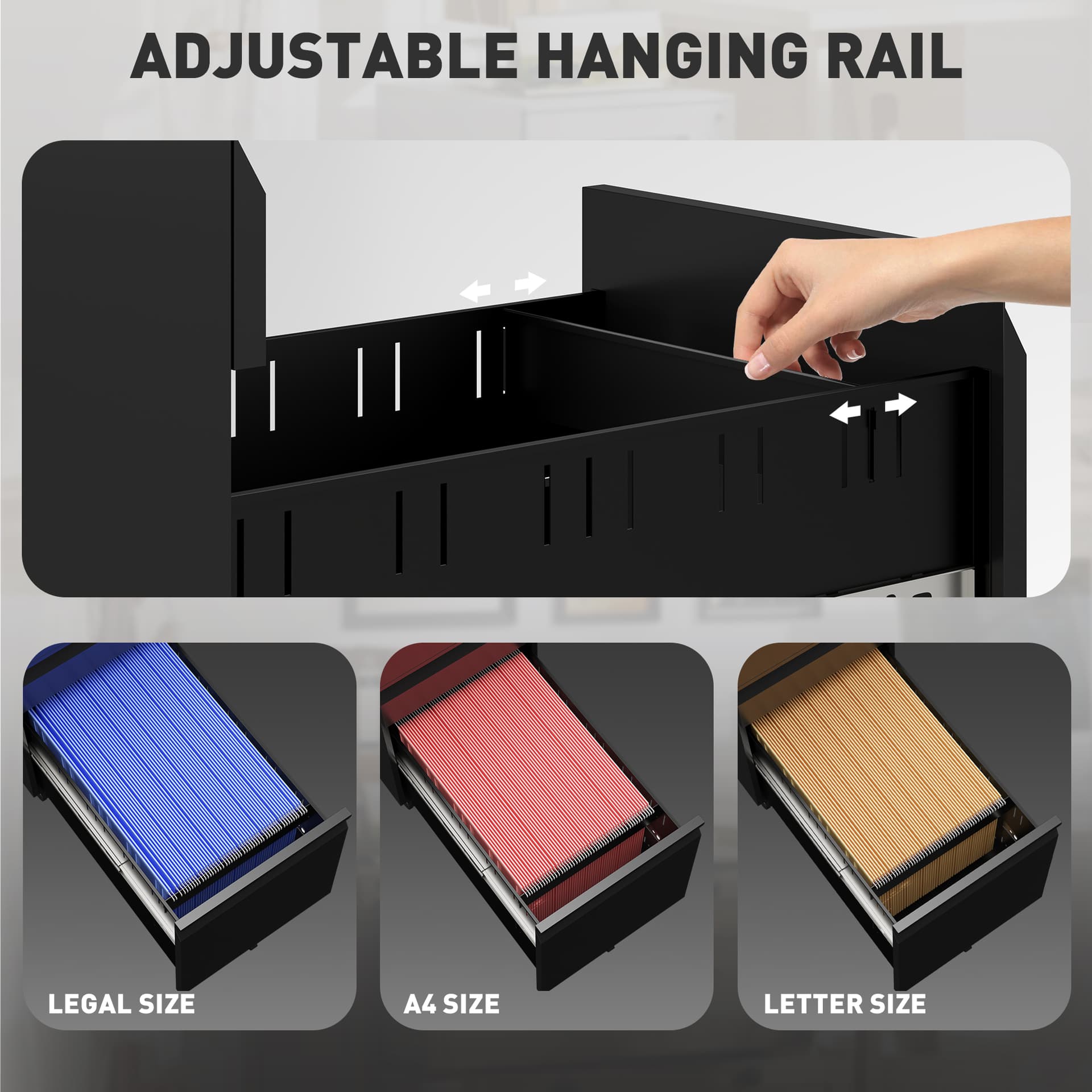 3 Drawer Filing Cabinet with Lock, Steel Office Storage Cabinet with Hanging Bar for A4, Legal, Letter Files, Black