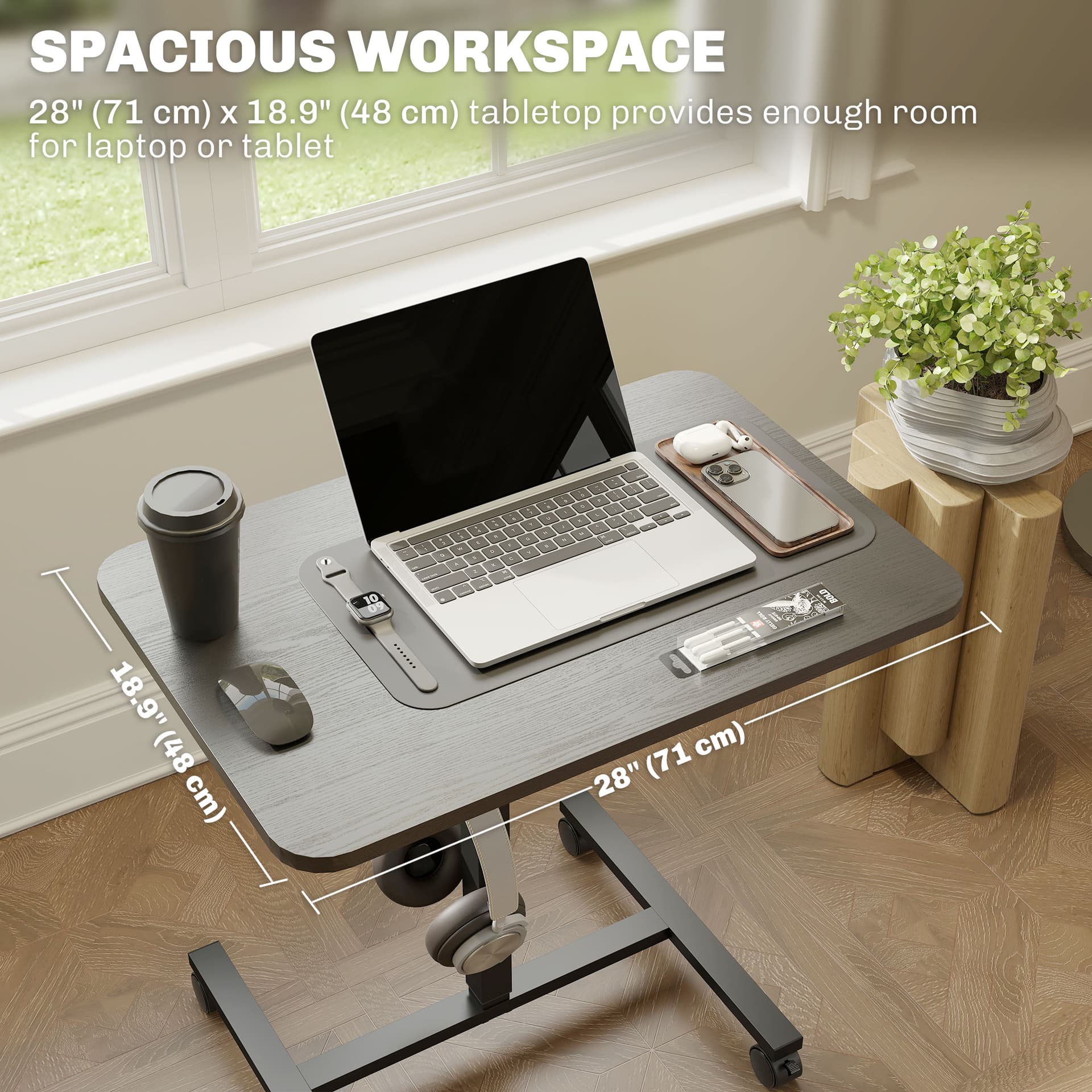 Height Adjustable Standing Desk, Pneumatic Sit Stand Desk with Wheels and Headphone Hook, Black Wood Grain - Office Desks & Work Stations - Office Furniture