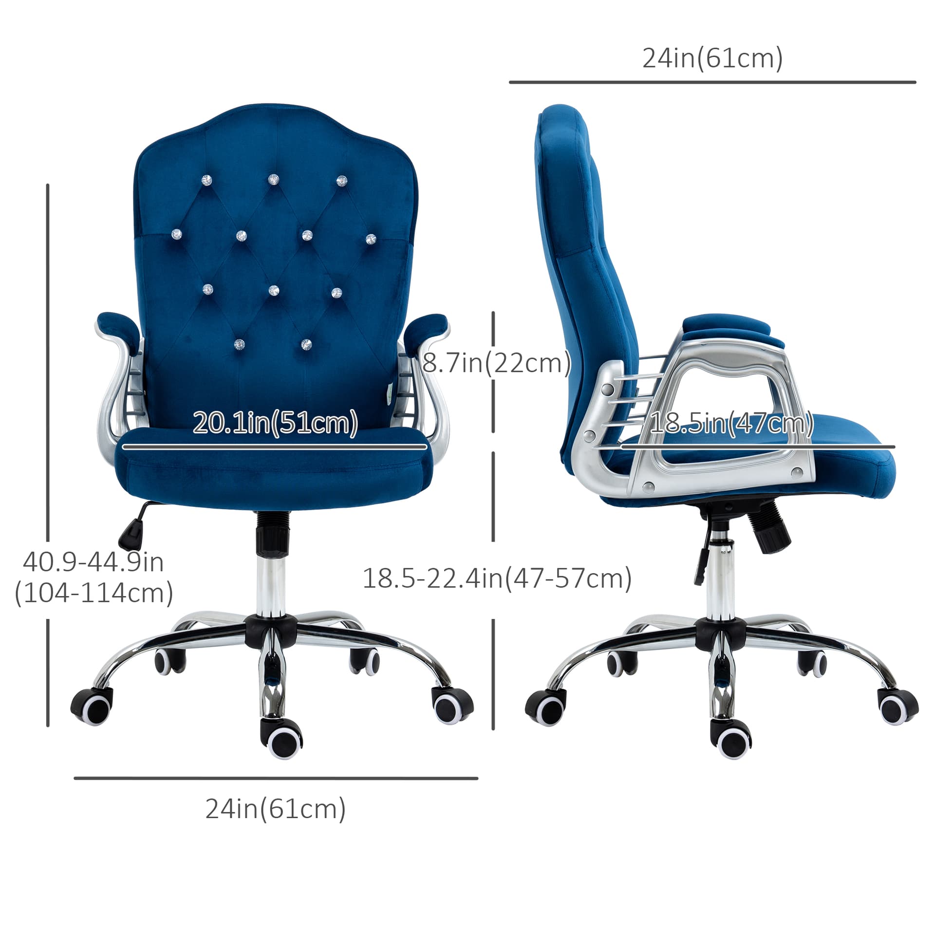 Office Chair, Velvet Computer Desk Chair with Swivel Wheels, Adjustable Height, Tilt Function, Button Tufted, Blue