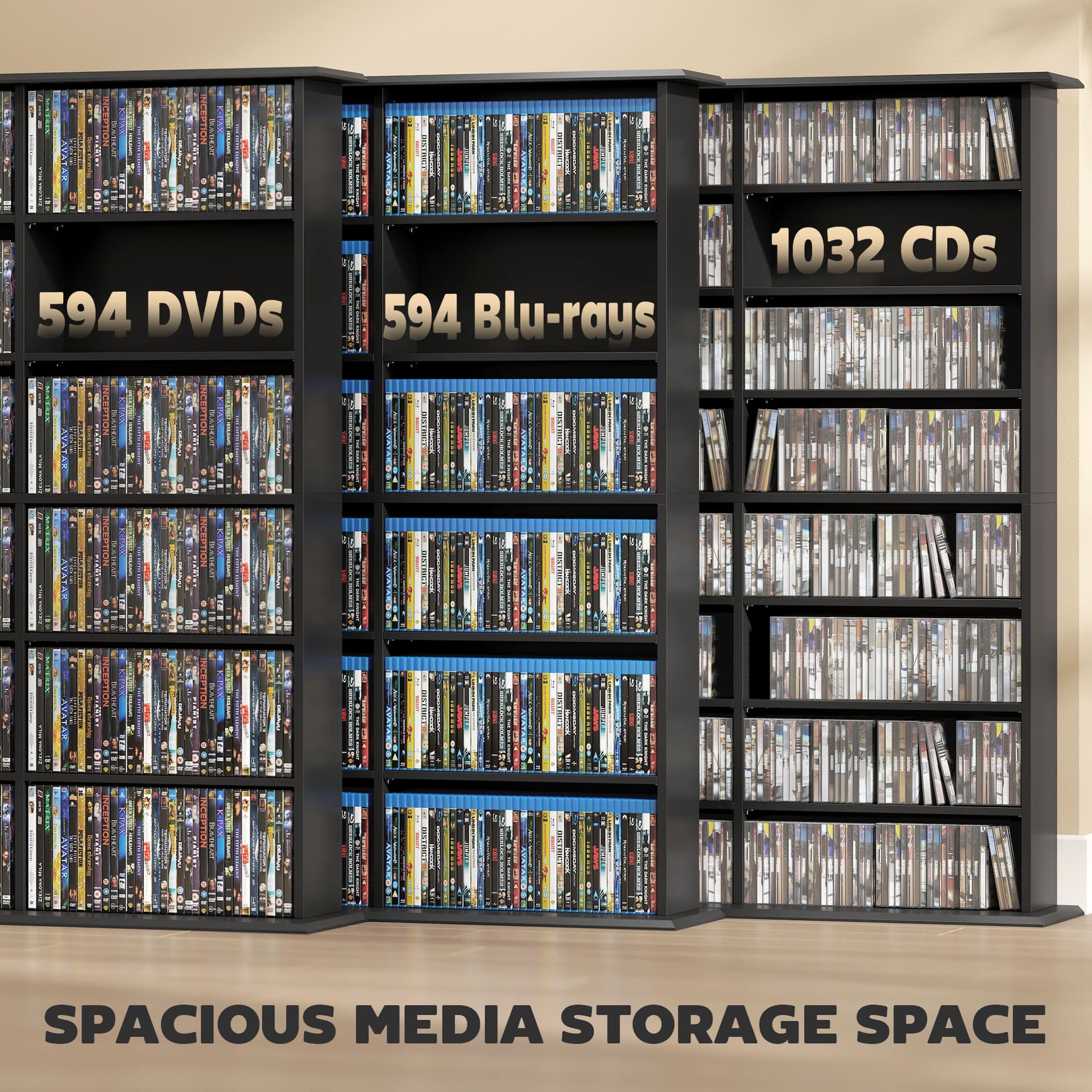 Media Storage Cabinet, 8-Tier DVD Shelf with 18 Adjustable Shelves, Holds 1032 CDs, 594 DVDs or Blu-rays, Black