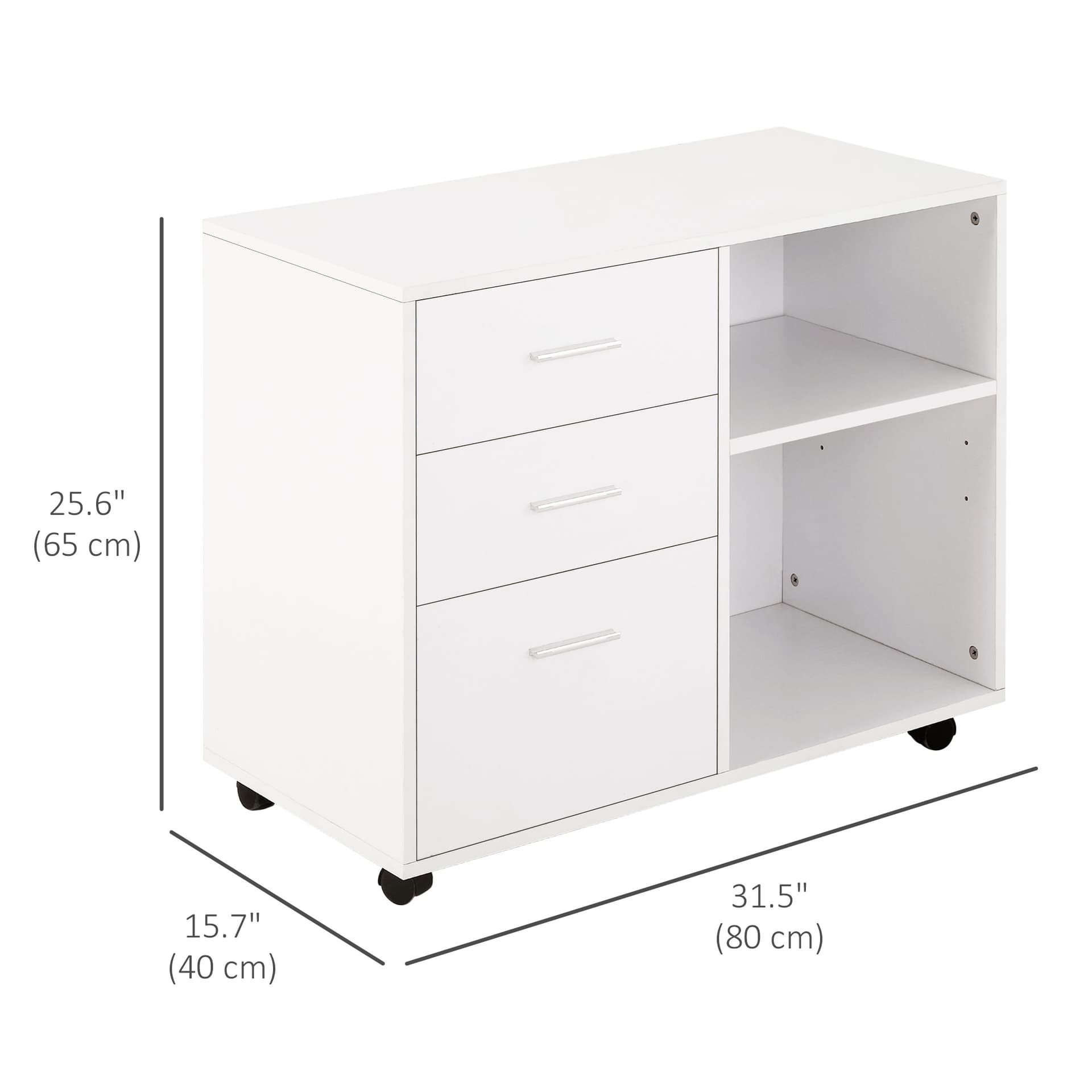 Modern Lateral Filing Cabinet, 3 Drawer File Cabinet for Letter and A4 Size Documents, Mobile, Printer Stand with Open Shelves, Rolling Wheels, White