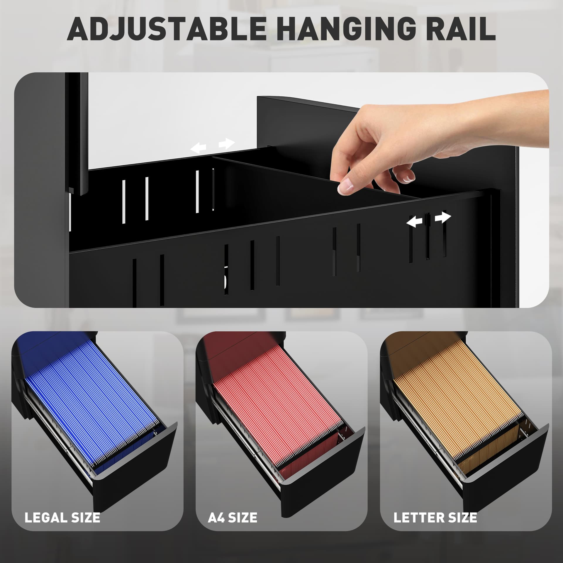 3 Drawer Filing Cabinet, Lockable Steel Office Storage Cabinet with Hanging Bar for Letter, A4, Legal Files, Black