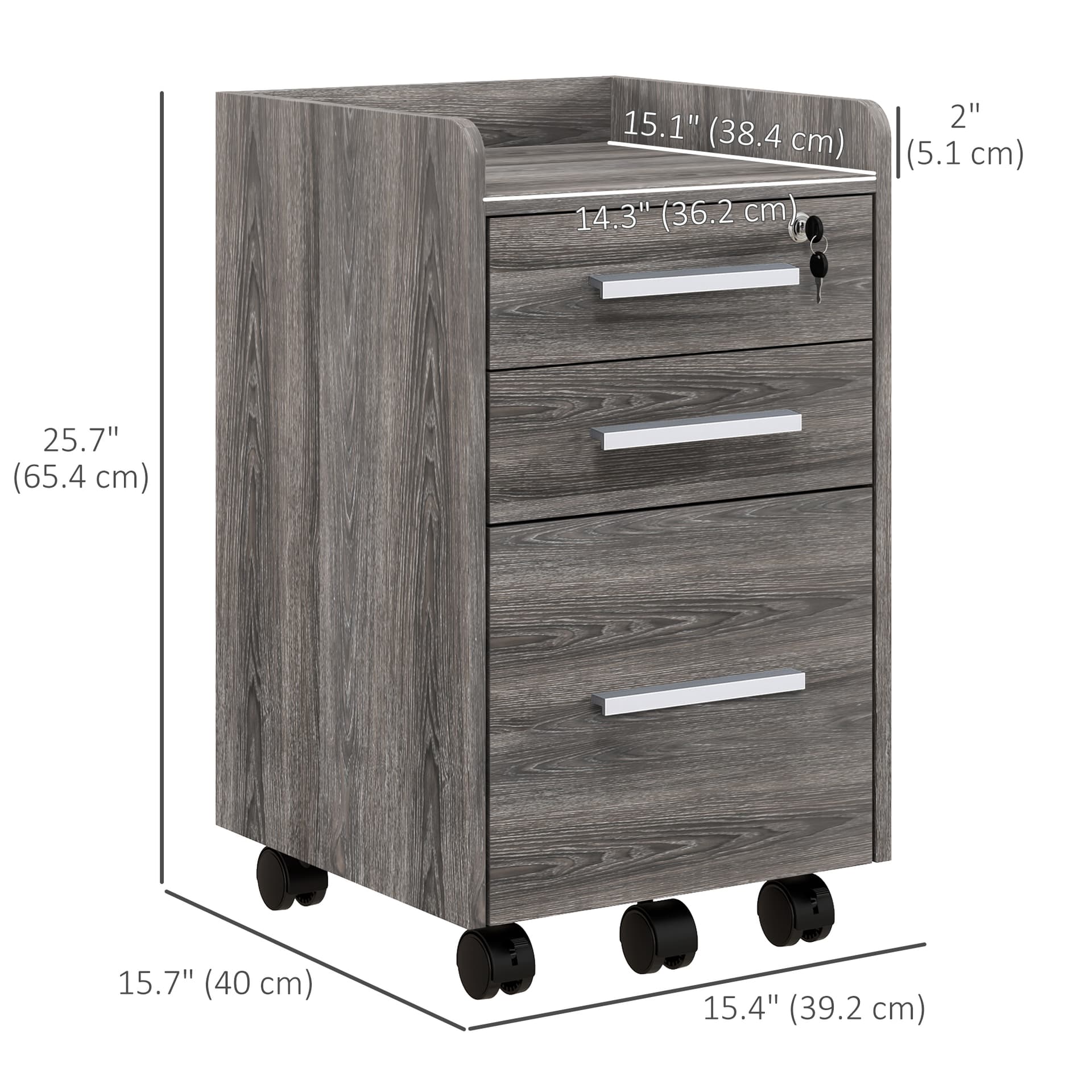 3 Drawer Vertical File Cabinet, Mobile Filing Cabinet with Lock and Wheels for A4, Letter Size, Grey