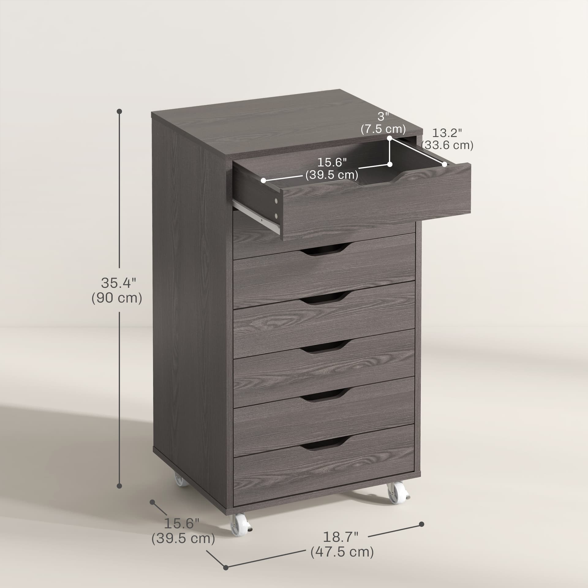 7-drawer Vertical File Cabinet for Home Office, Storage Cabinet with Wheels, 18.7"x15.6"x35.4", Grey Wood Grain