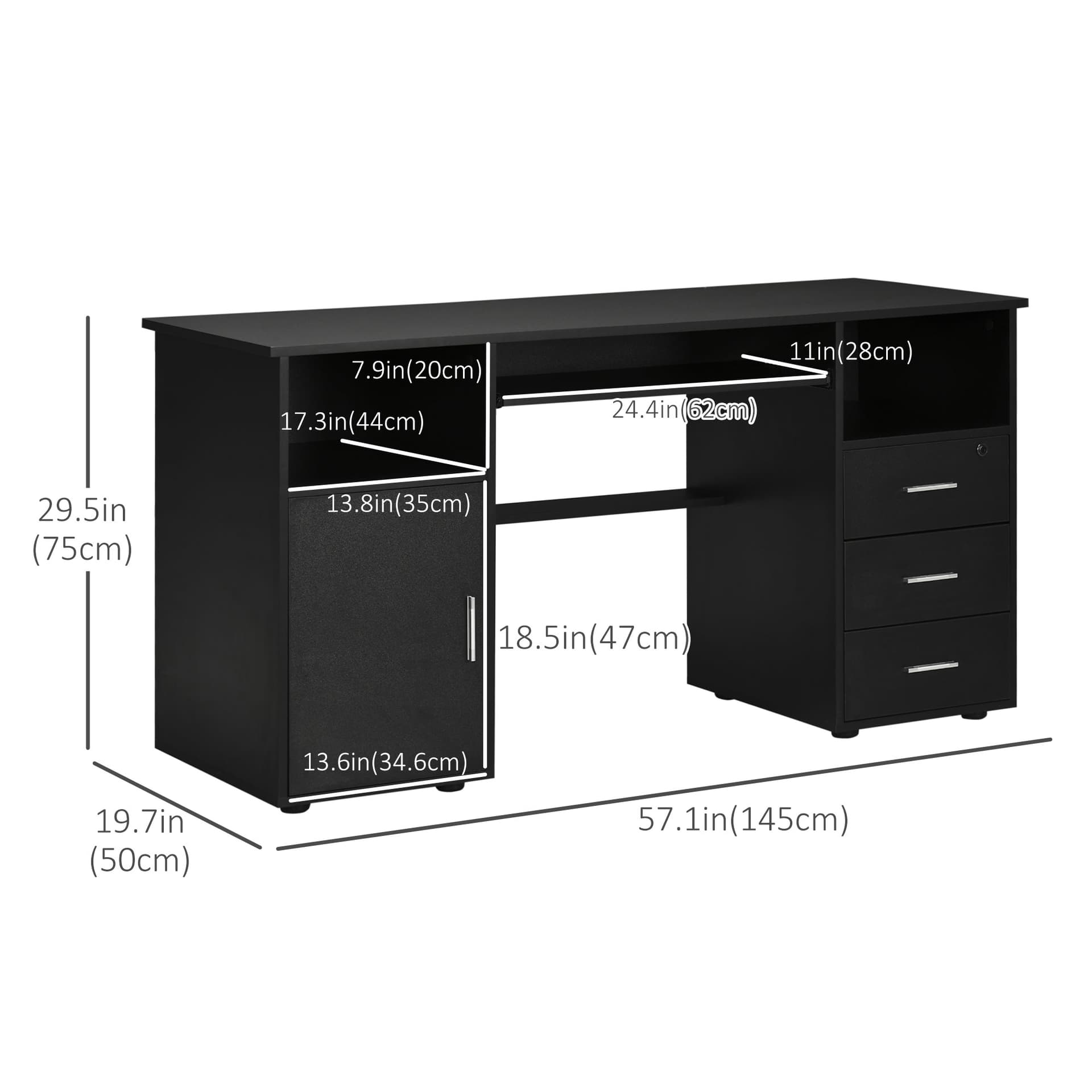 57" Computer Desk with Drawers, Home Office Desk with Keyboard Tray, Open Shelves and Lockable Drawer, Writing Workstation for Study, Black