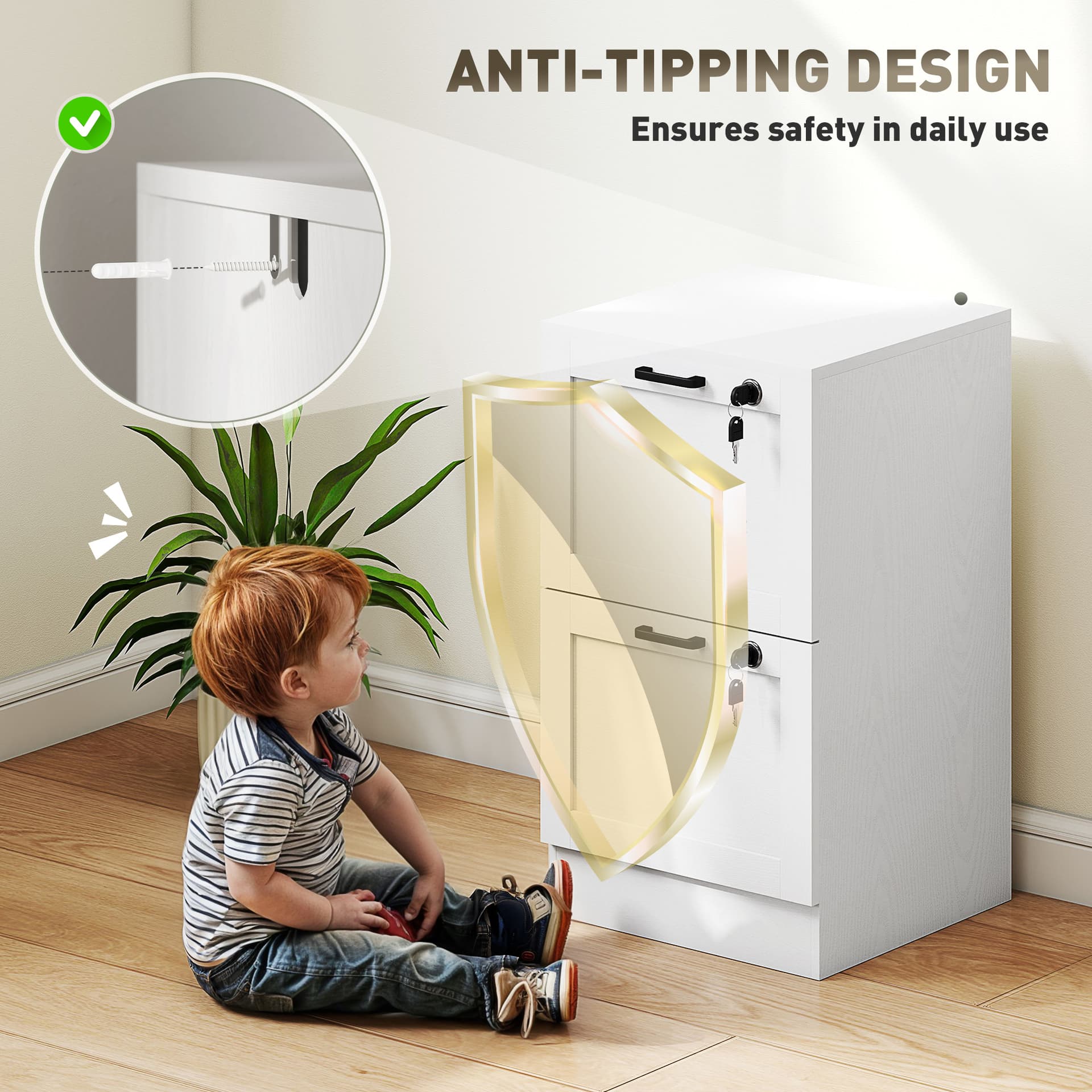 Vertical Filing Cabinet with 2 Drawers, Lock, File Cabinet for Home Office, A4 and Letter Size Files, White