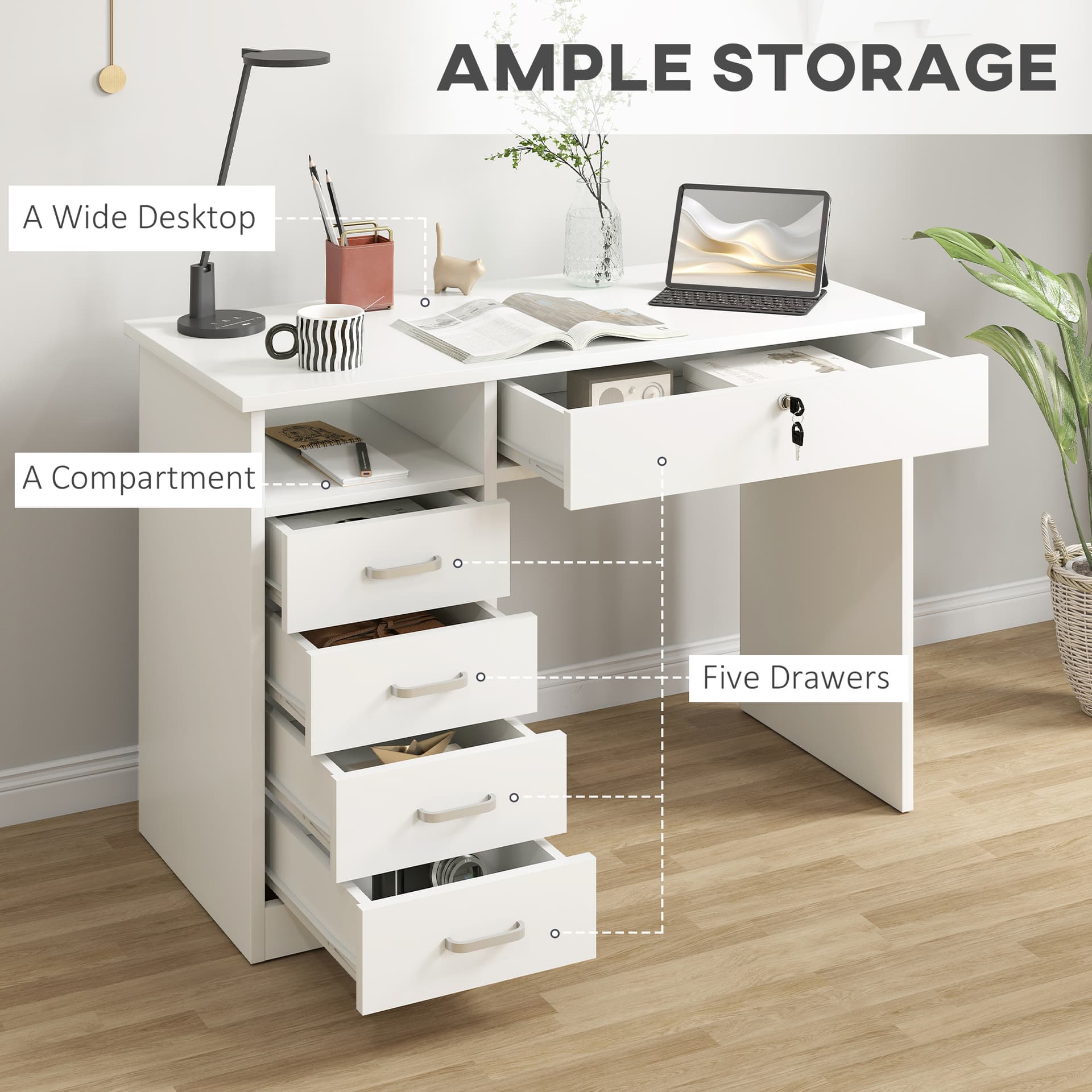 Home Office Desk with Storage, Computer Desk with Lockable Drawer and Open Compartment, White