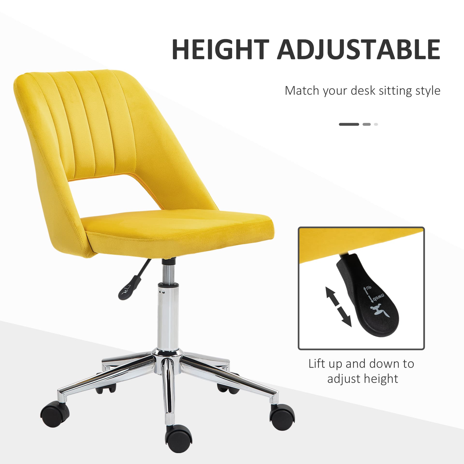 Mid Back Office Chair Velvet Fabric Swivel Scallop Shape Computer Desk Chair, Yellow