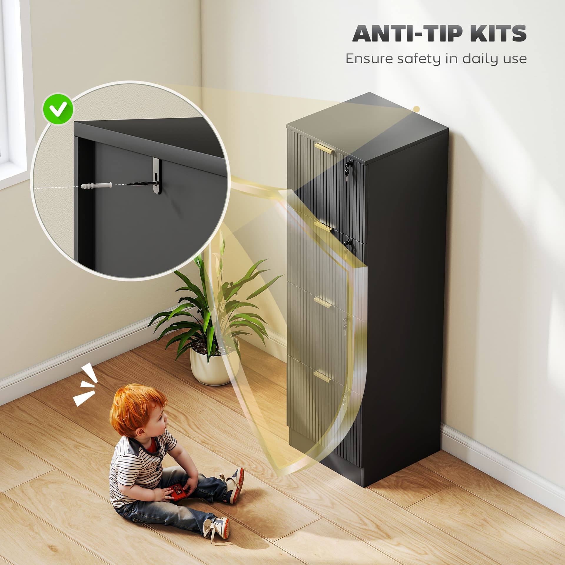 Lockable Filing Cabinet with 4 Fluted Drawers, File Cabinet with Adjustable Hanging Rails for A4 Letter Files, Black