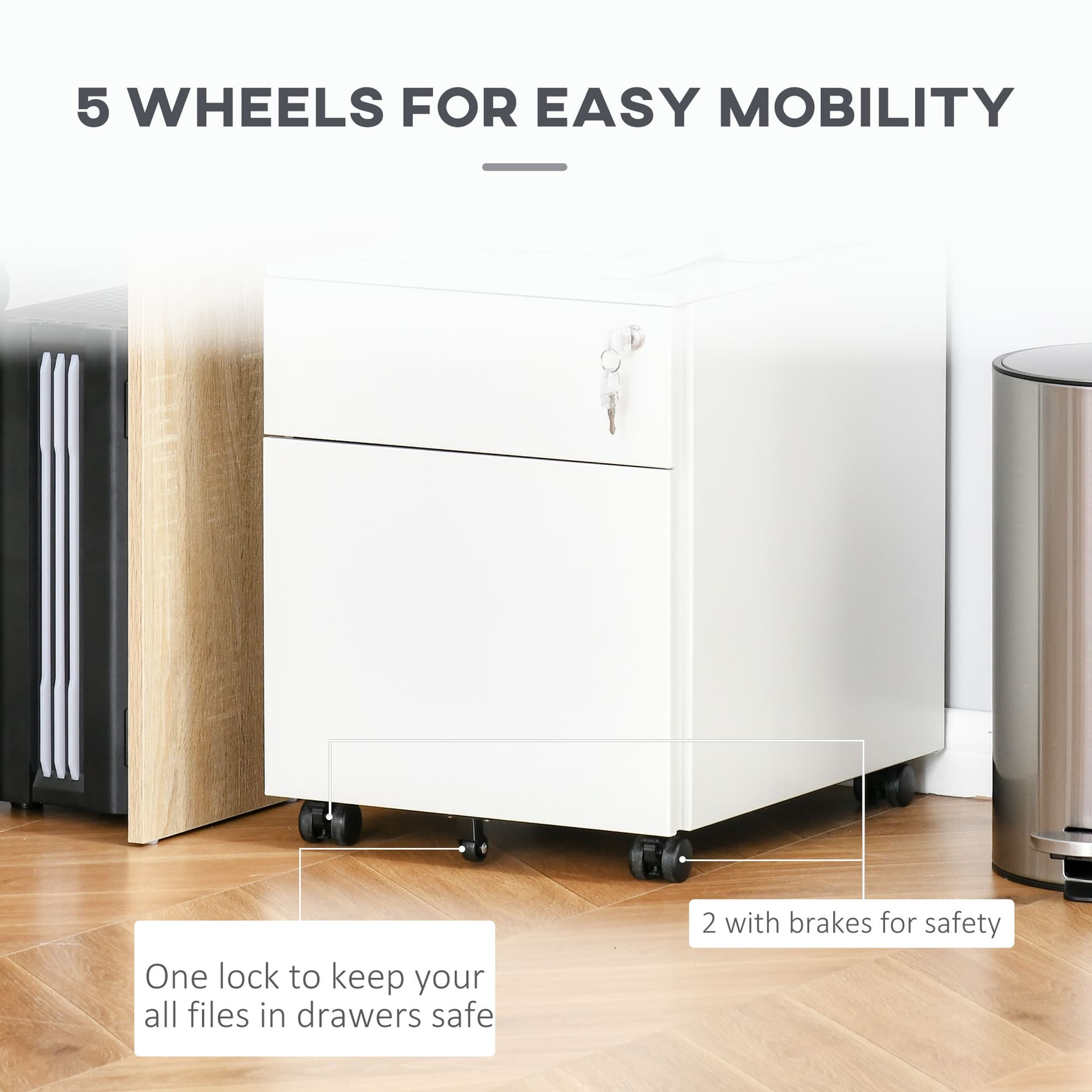 Lockable File Cabinet, Steel Filing Cabinet on Wheels for Legal, A4, Letter Size, with Pencil Tray for Home Office