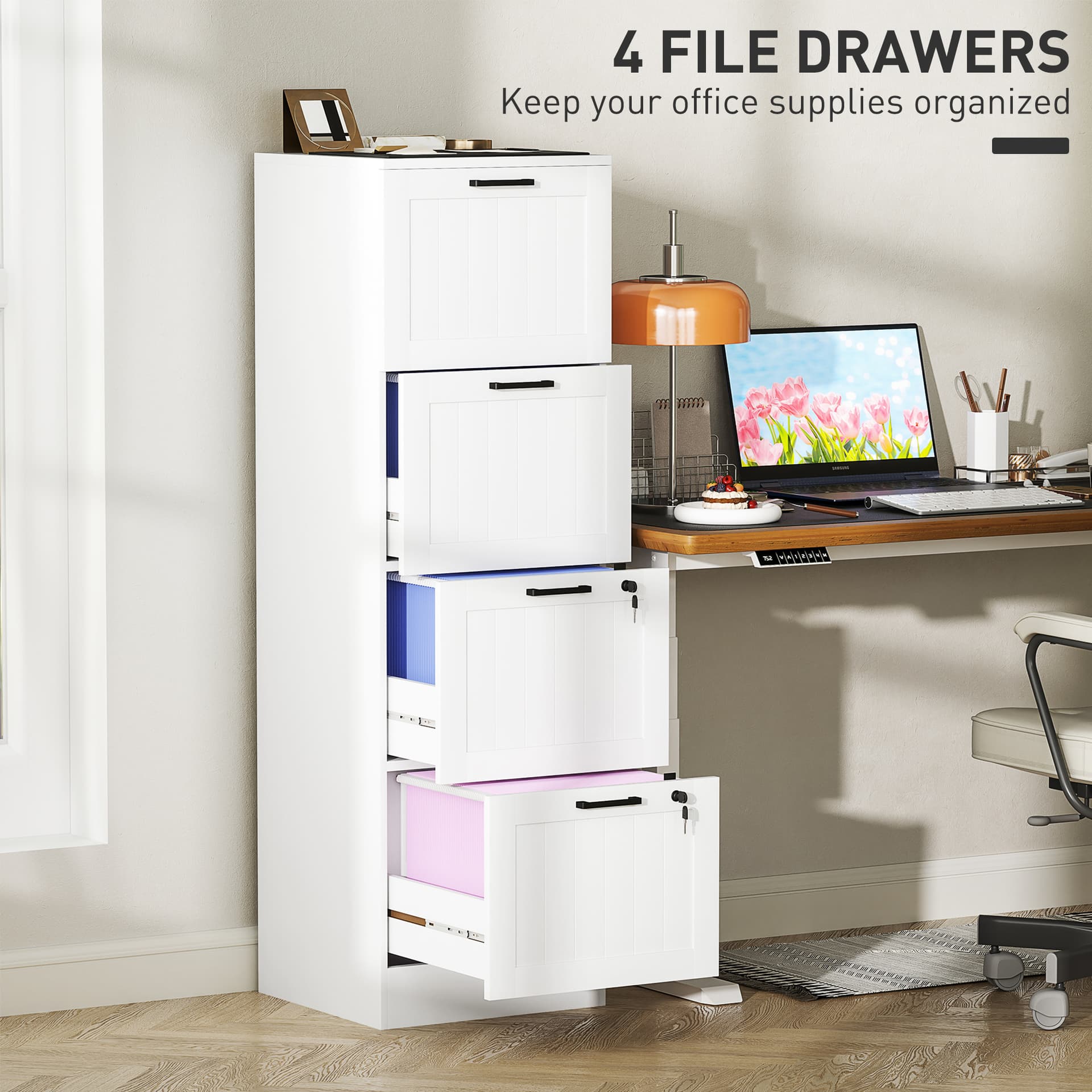 4 Drawer Filing Cabinet with Lock, Office Storage Cabinet with Adjustable Hanging Bars for A4 Letter Size Files, White