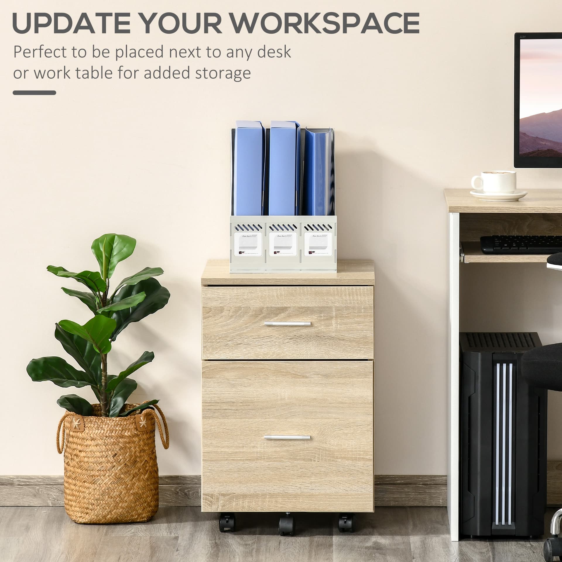 Mobile Filing Cabinet, Vertical File Cabinet with 2 Drawers, Wheels, for Letter or A4 File, Natural