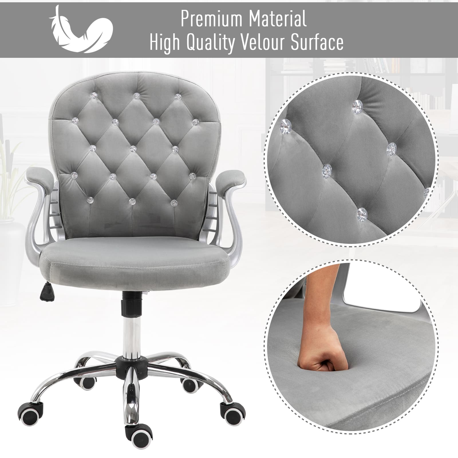 Office Chair, Comfortable Computer Desk Chair with Padded Seat and Adjustable Height, Tufted Back, Grey