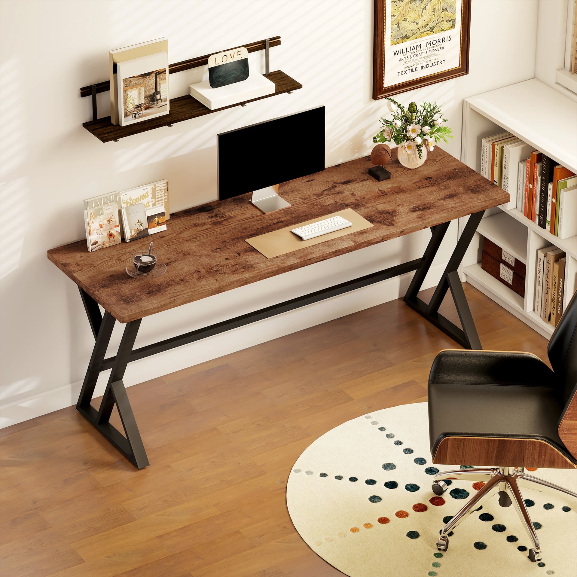 71" Computer Desk, Industrial Writing Table with X-Shaped Frame for Home Office, Rustic Brown