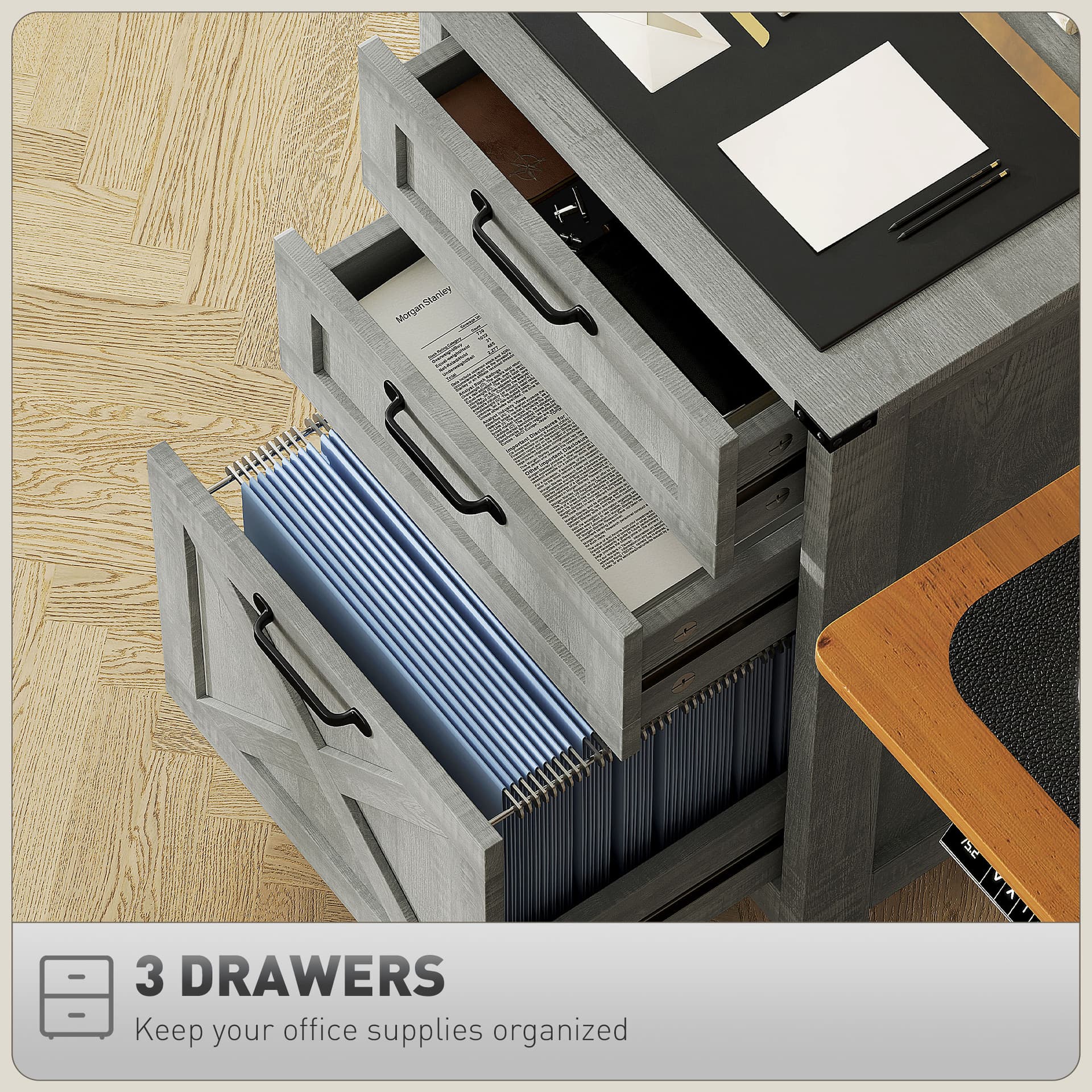 Vertical Filing Cabinet with 3 Drawers, Rustic Farmhouse Office Storage Cabinet for A4, Letter Size, Stone Grey