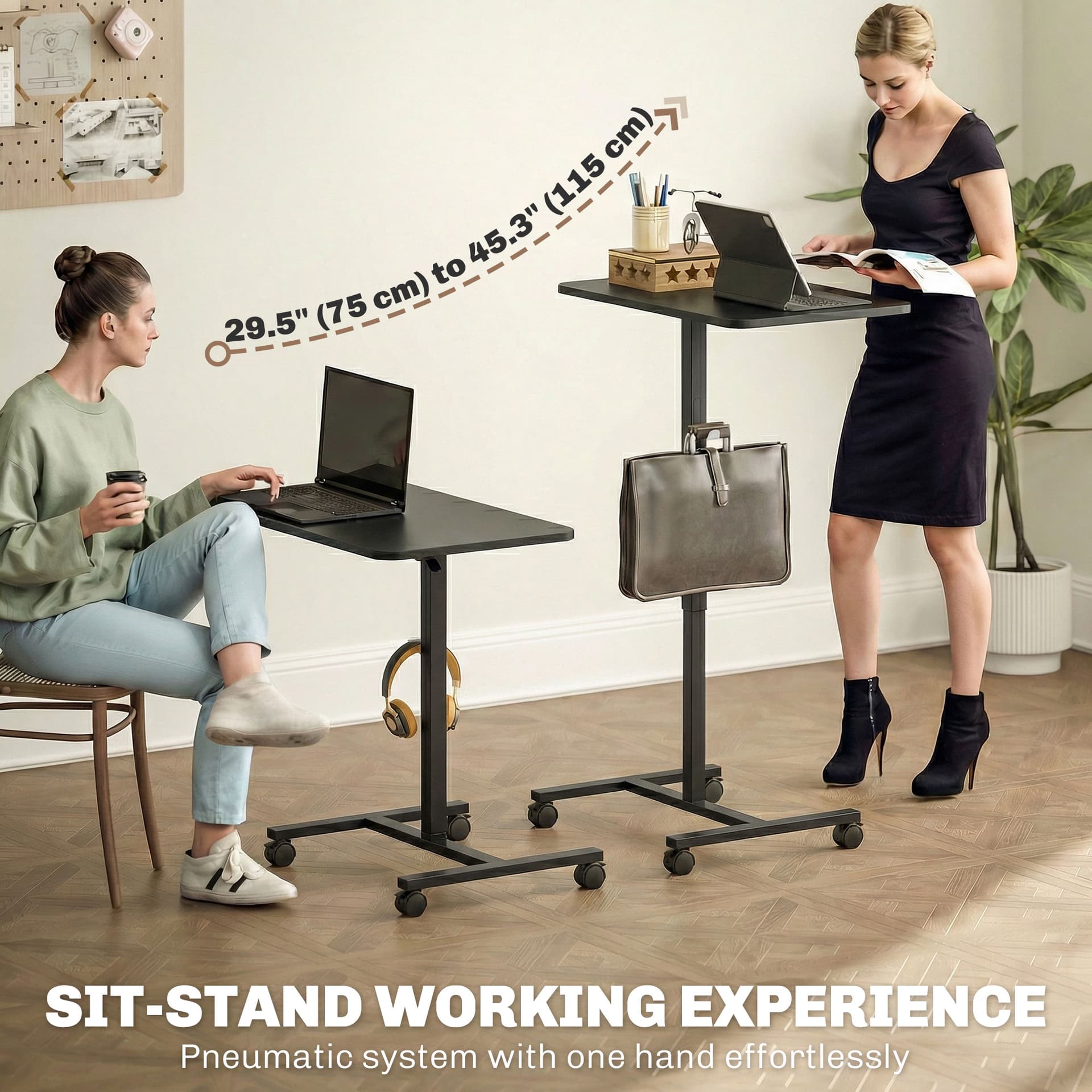 Height Adjustable Standing Desk, Pneumatic Sit Stand Desk with Wheels and Headphone Hook, Black Wood Grain - Office Desks & Work Stations - Office Furniture