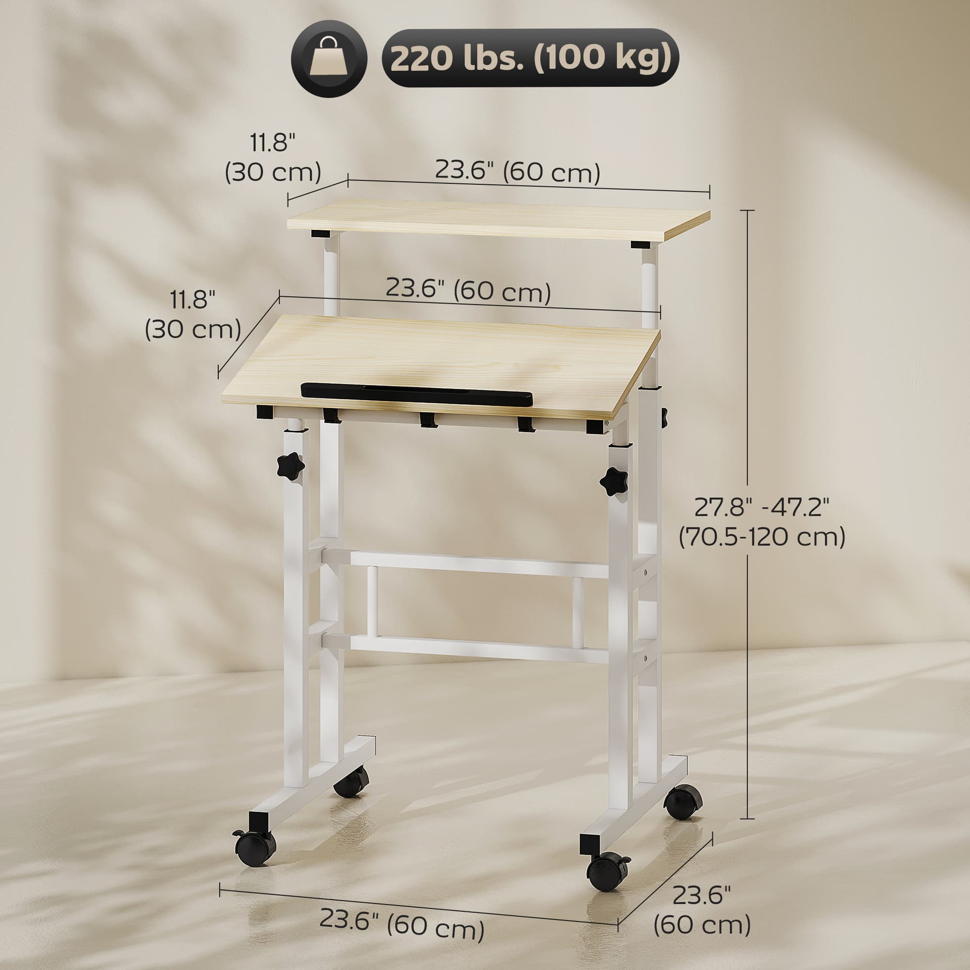 Stand Up Desk, Height & Angle Adjustable Computer Desk with Wheels for Standing or Sitting, Laptop Table, Natural