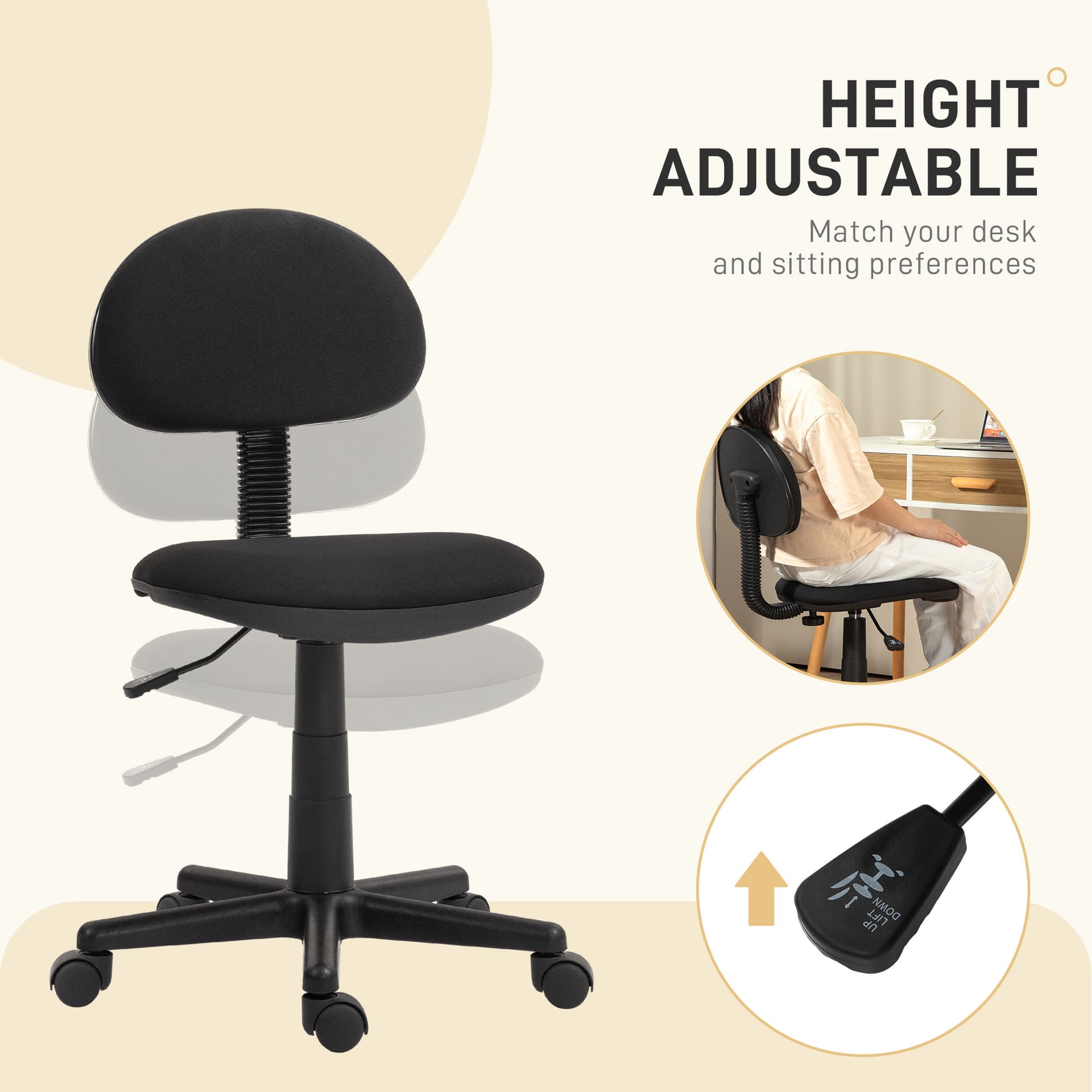 Small Desk Chair, Armless Office Chair with Adjustable Height, 360° Swivel Wheels, Low Back for Small Spaces, Black