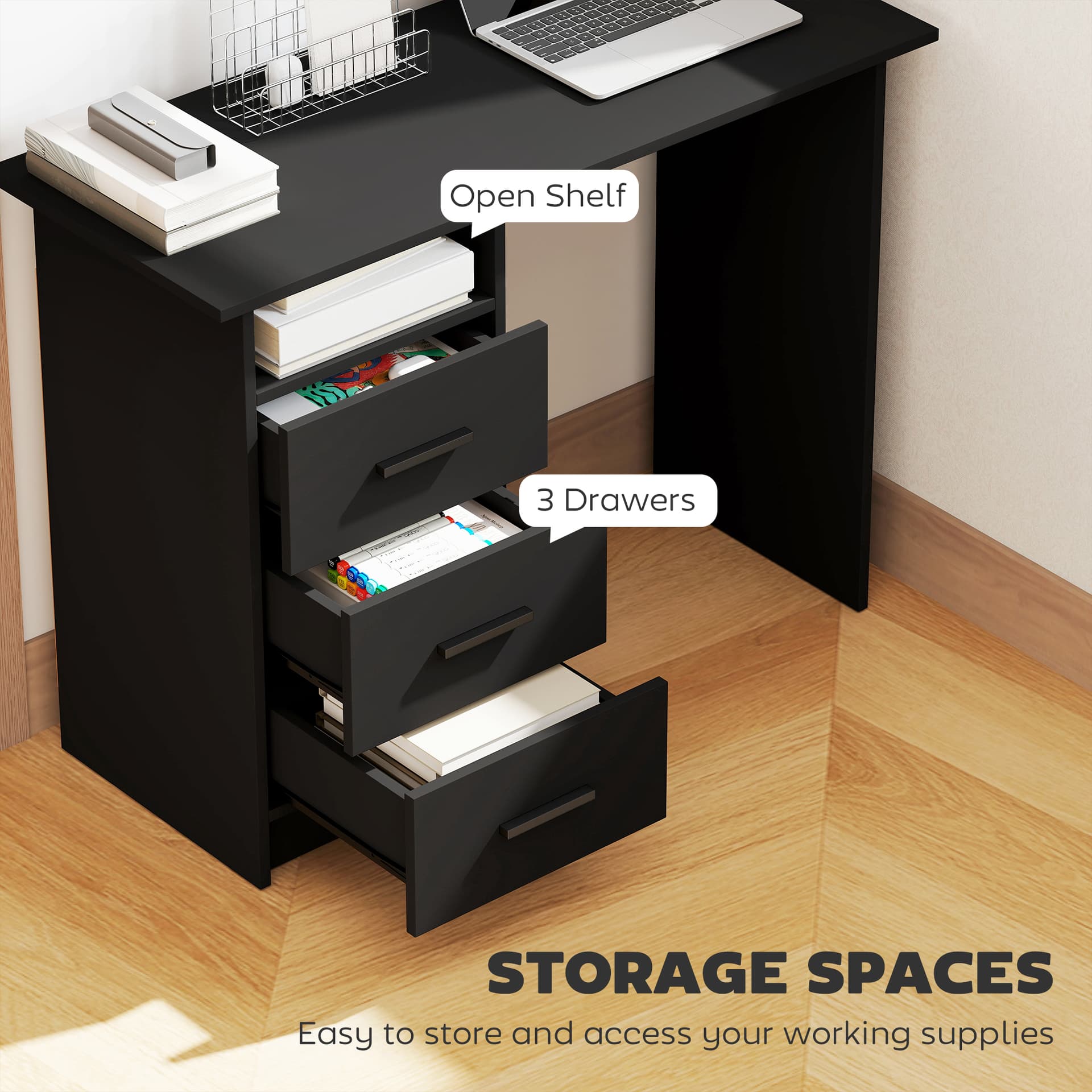 Computer Desk with Storage, 39" Home Office Desk with 3 Drawers nad Open Shelf, Writing Table for Bedroom, Black