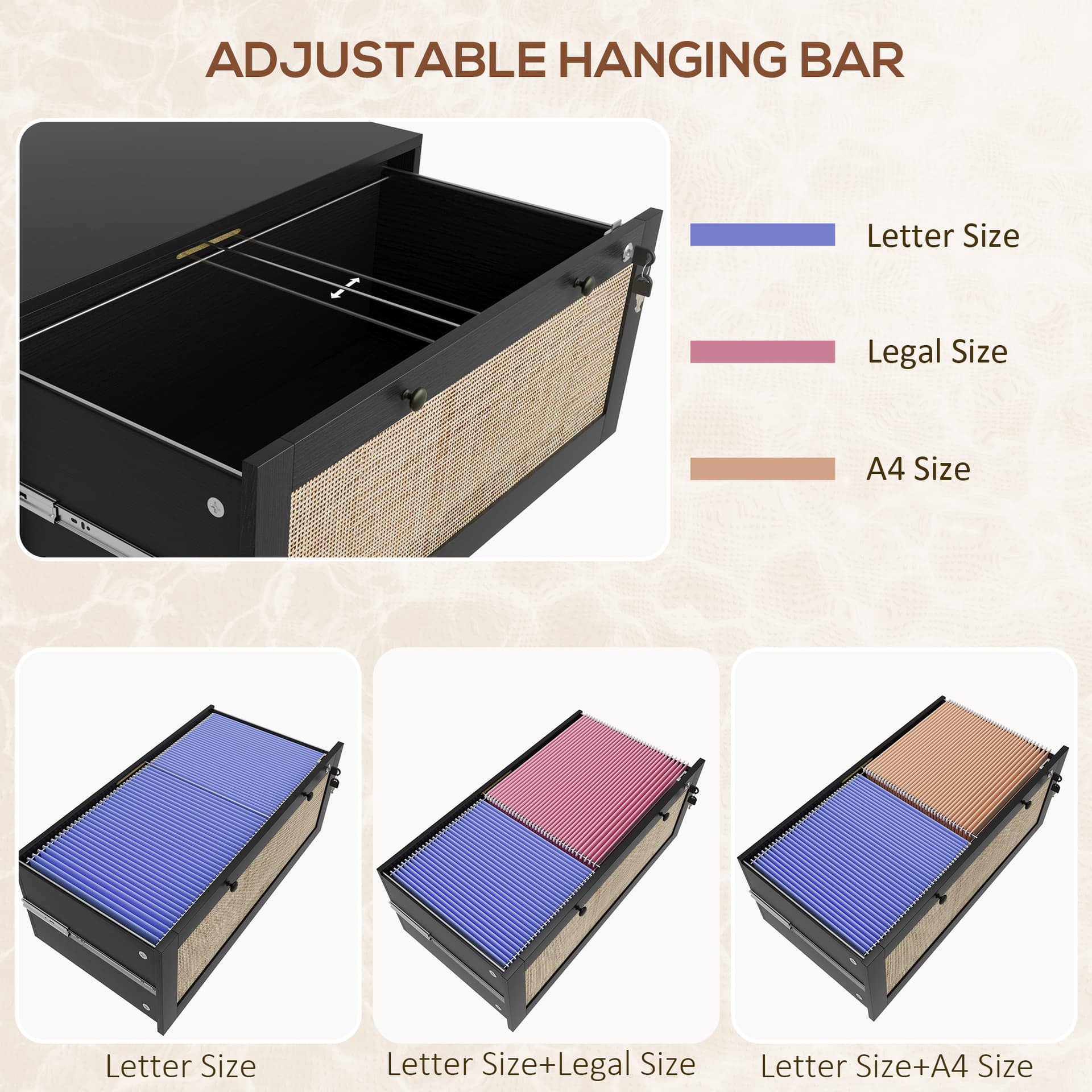 2-Drawer Filing Cabinet with Lock, Rattan File Cabinet with Adjustable Hanging Bar, Black