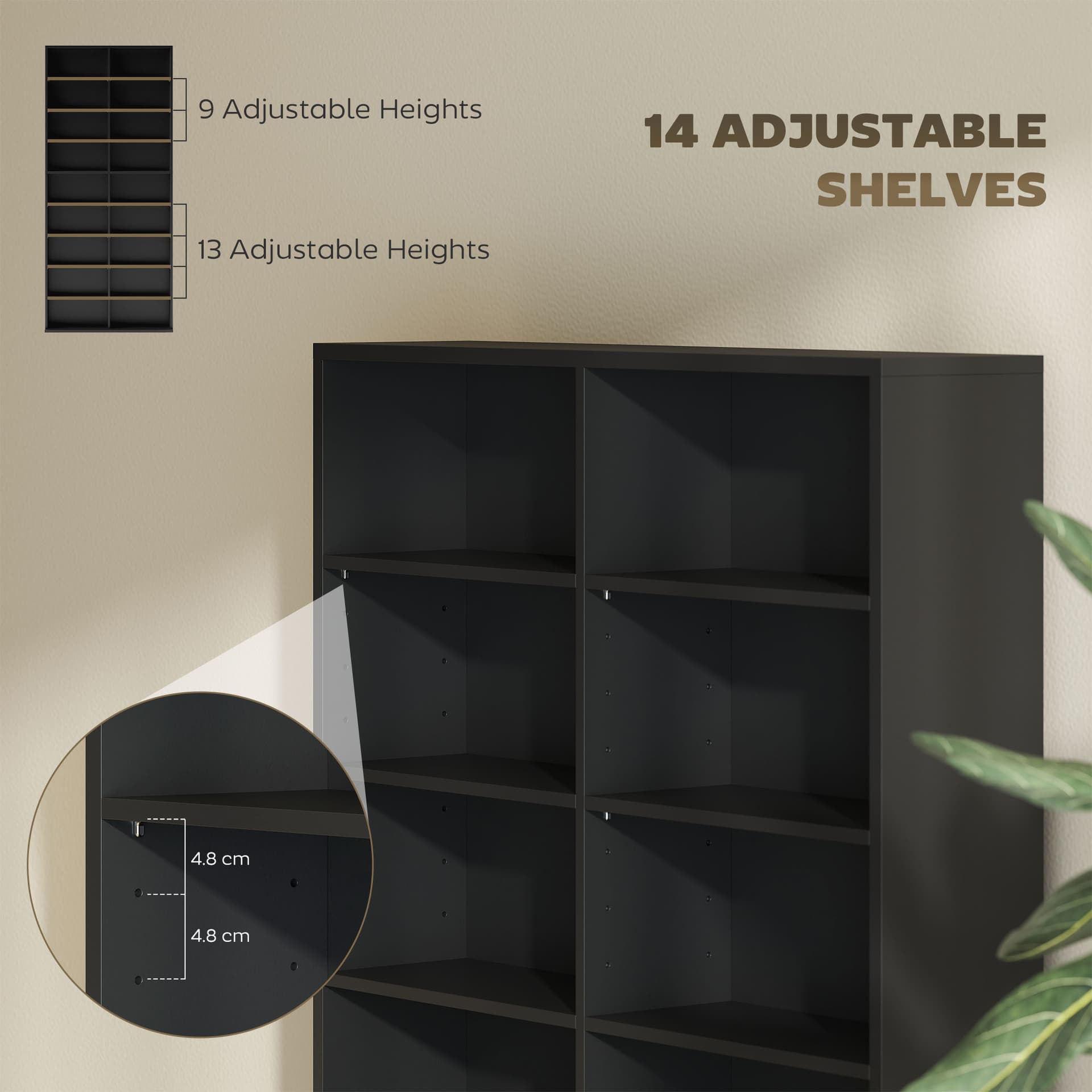 9-Tier DVD Shelf with 18 Compartments and 14 Adjustable Shelves, Holds 640 CDs, 360 DVDs or 430 Blu-rays, Black