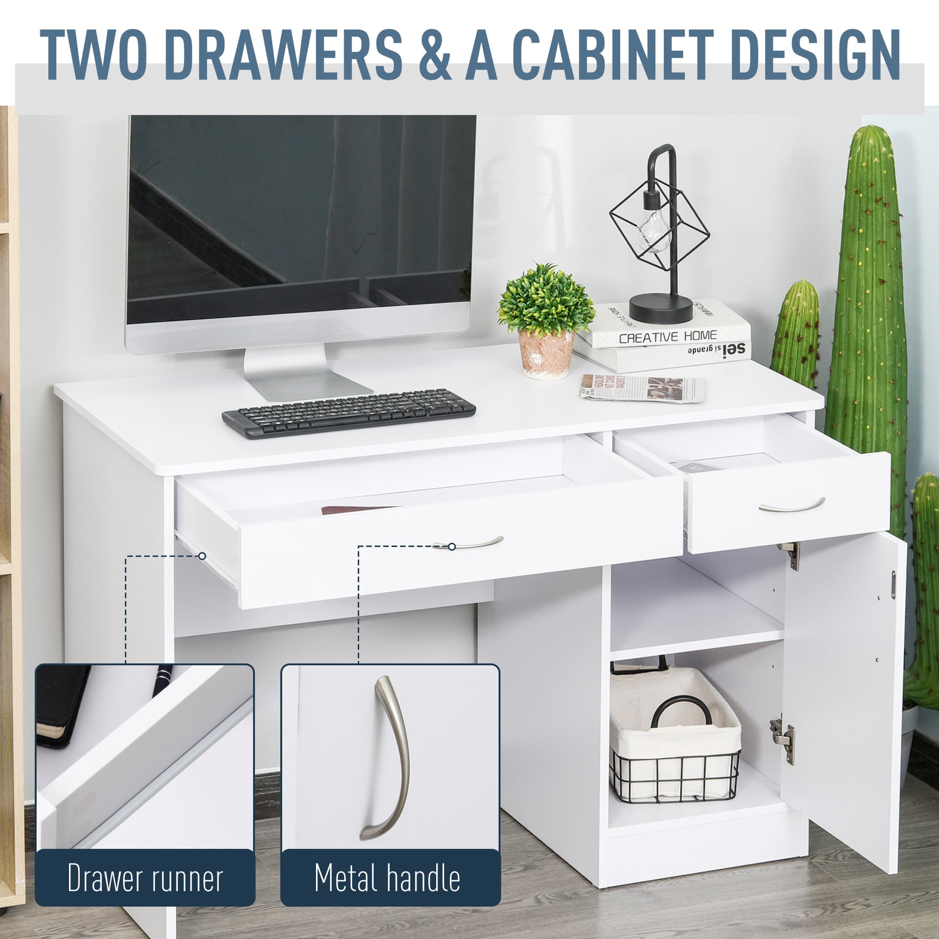 Computer Desk with Storage Drawers, Study Writing Table with Cabinet Adjustable Shelf for Home Office Workstation Bedroom, White