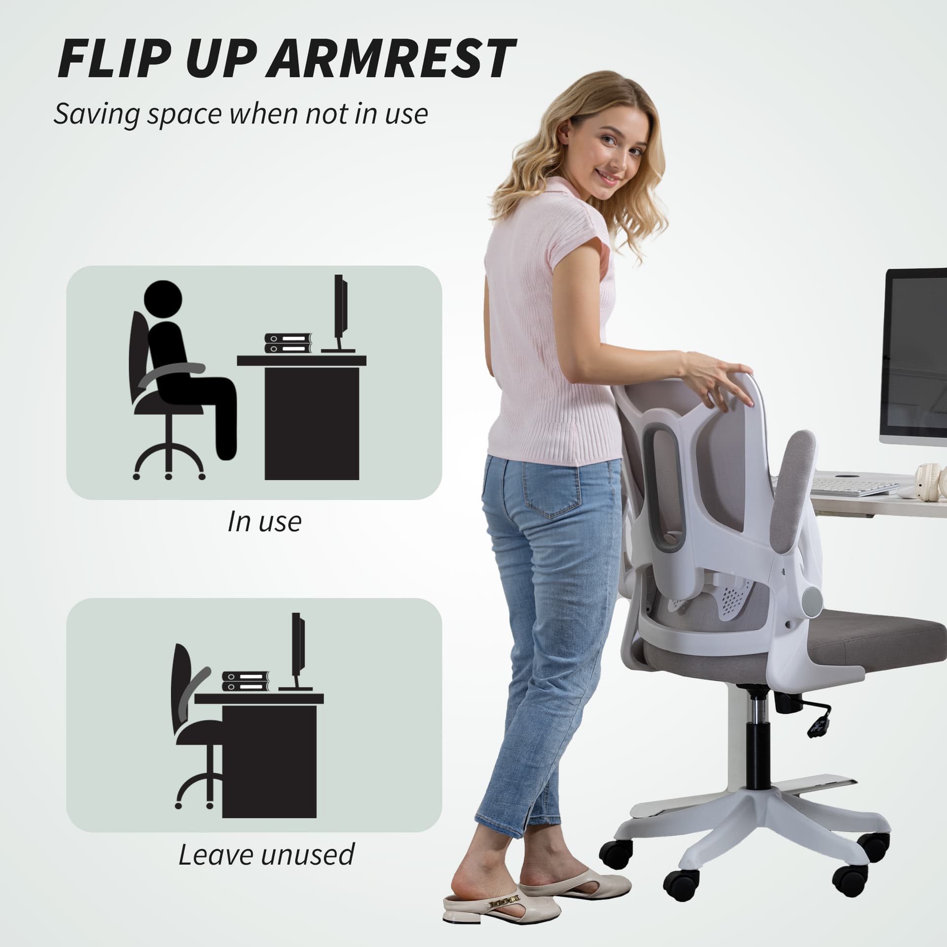 Ergonomic Office Chair, Swivel Desk Chair with Lumbar Support and Adjustable Height, Flip-up Armrests, Wheels, Black
