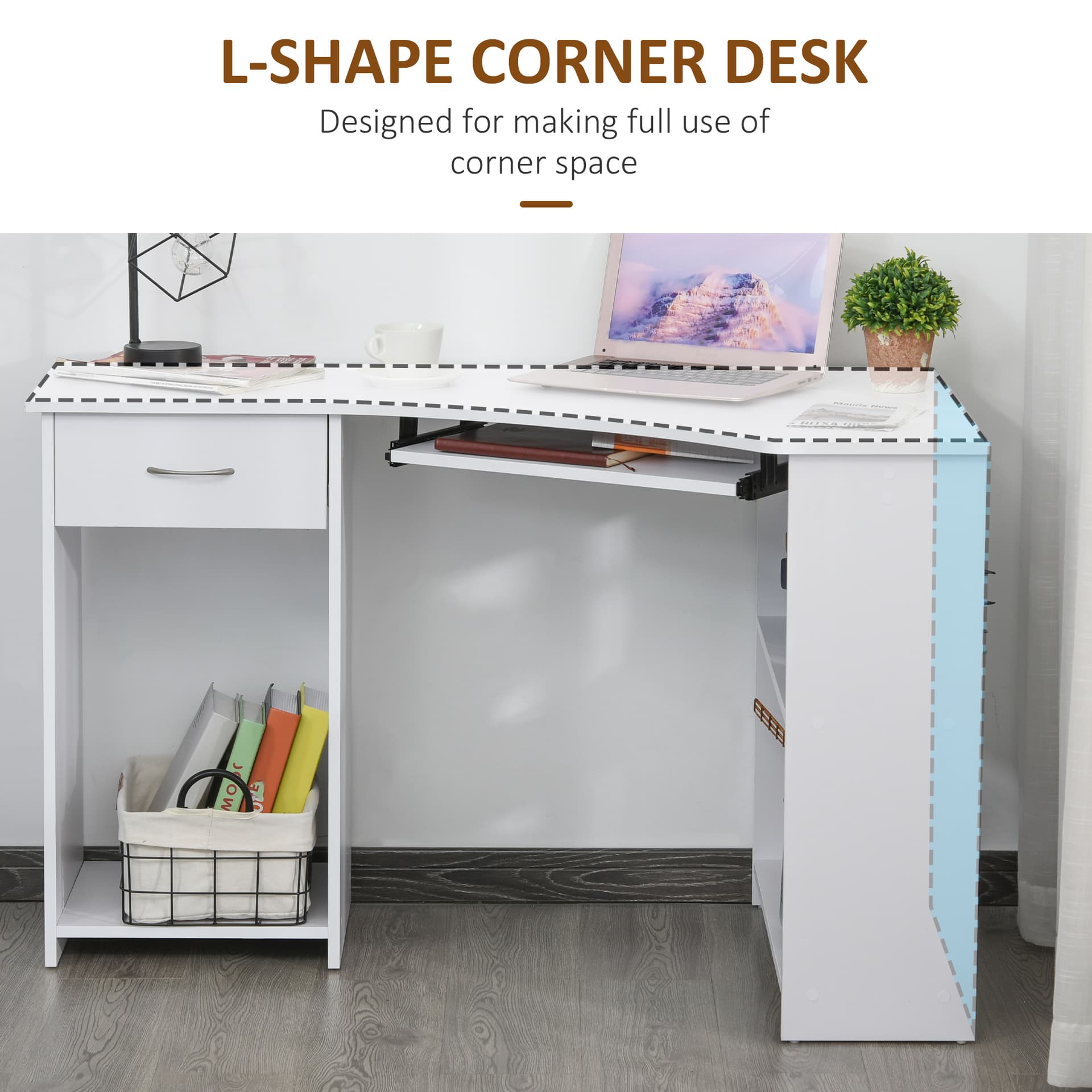 47" L-Shaped Desk with Keyboard Tray, Computer Corner Desk for Small Space with Shelves, Drawer, CPU Stand, Home Office Writing Table, White
