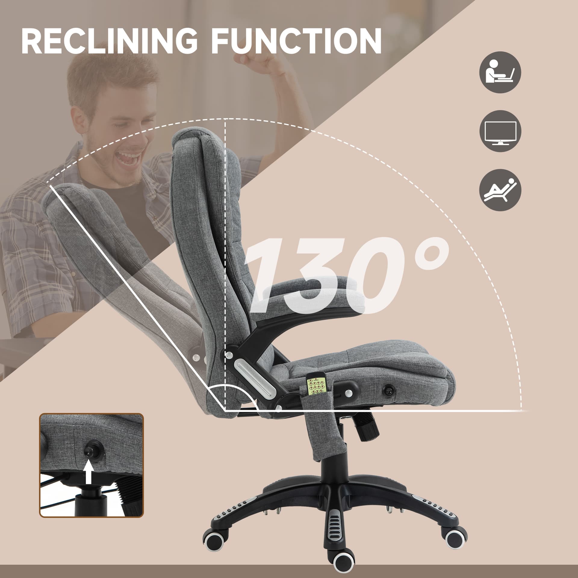 6 Point Vibrating Massage Home Office Chair High Back Executive Chair with Reclining Back, Swivel Wheels, Grey