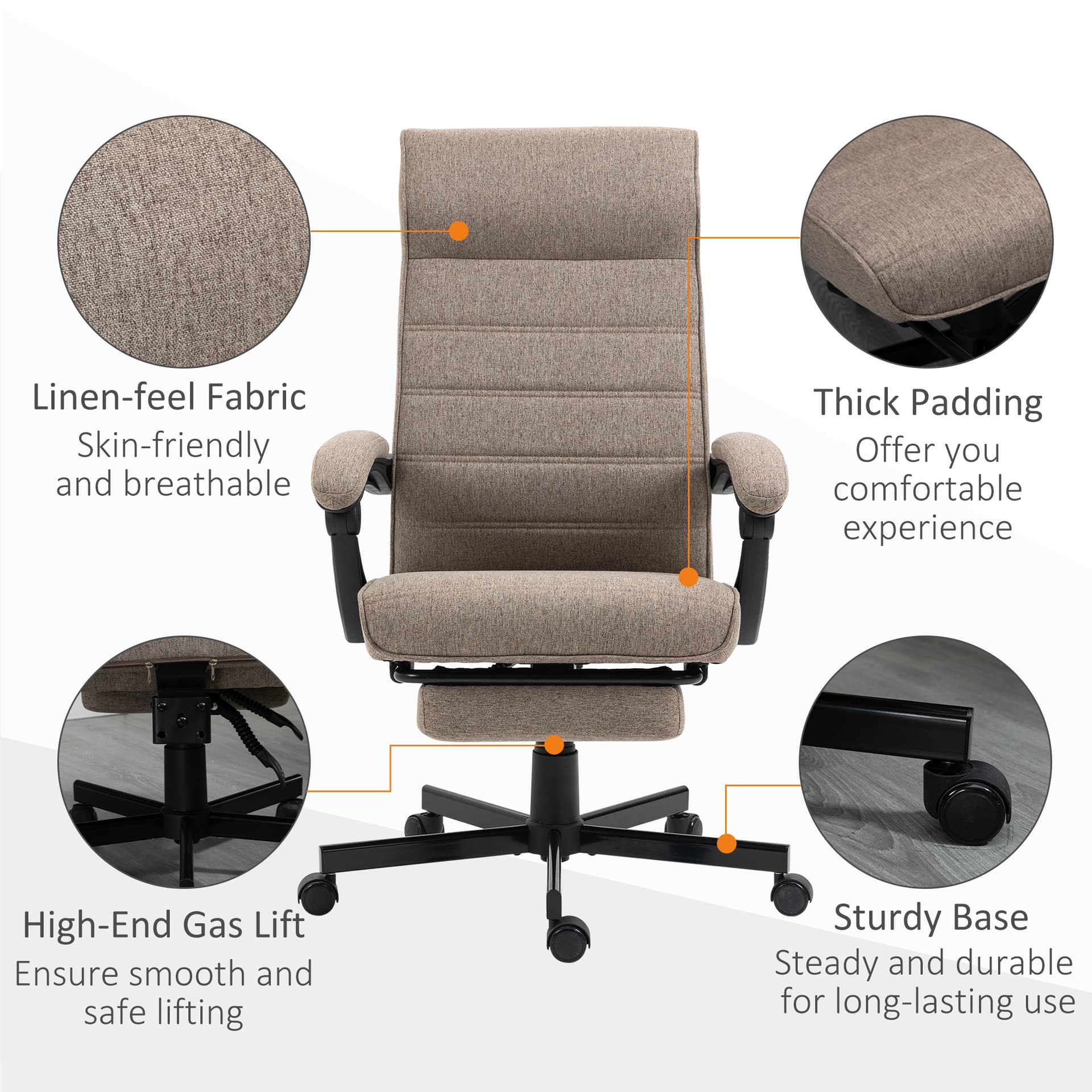 Office Chair, Linen High Back Computer Desk Chair, Swivel Recliner with Adjustable Height, Footrest and Padded Armrest, Brown
