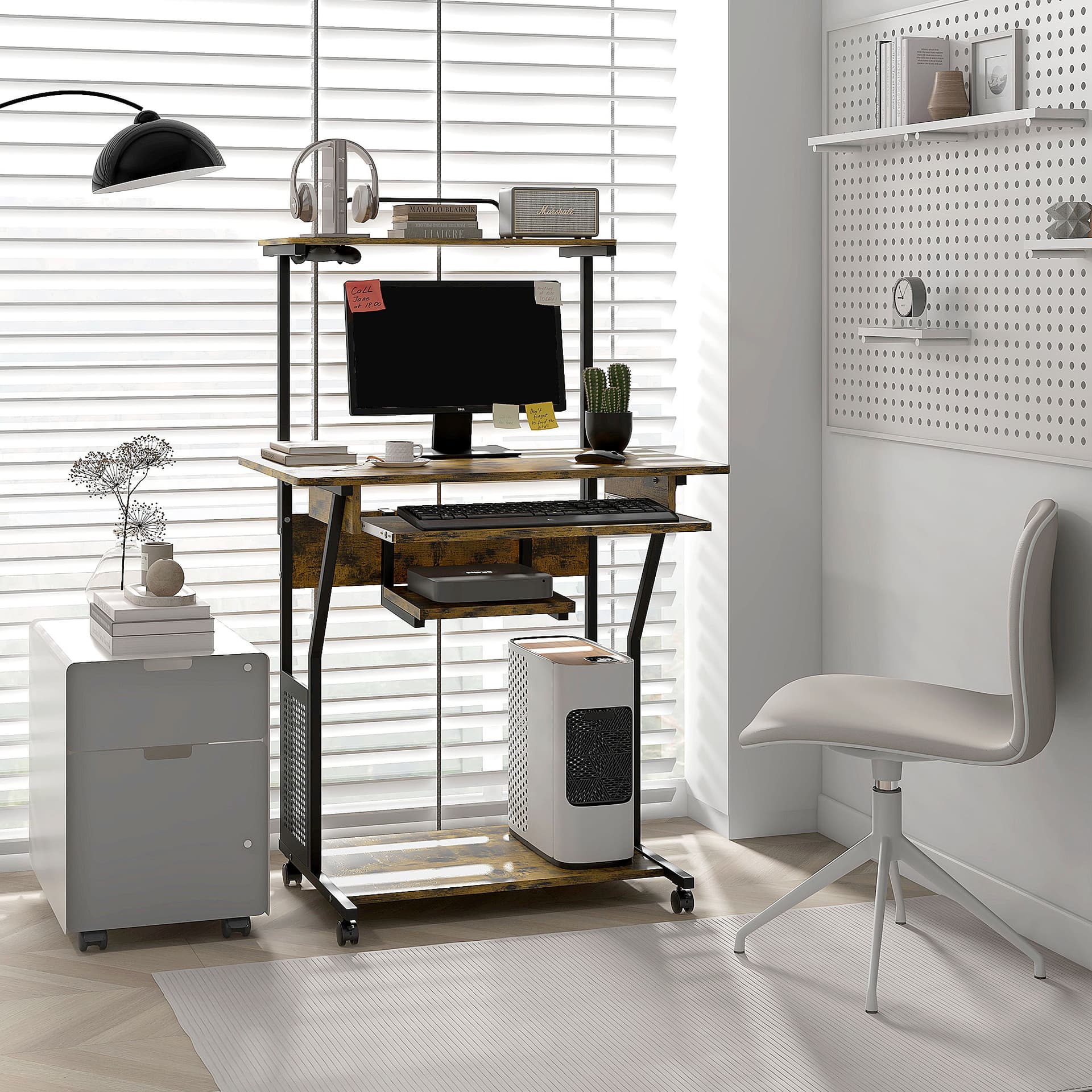 32" Mobile Computer Table, Rolling Study Desk for Home Office with Keyboard Tray, Storage Shelves, Wheels, Rustic Brown