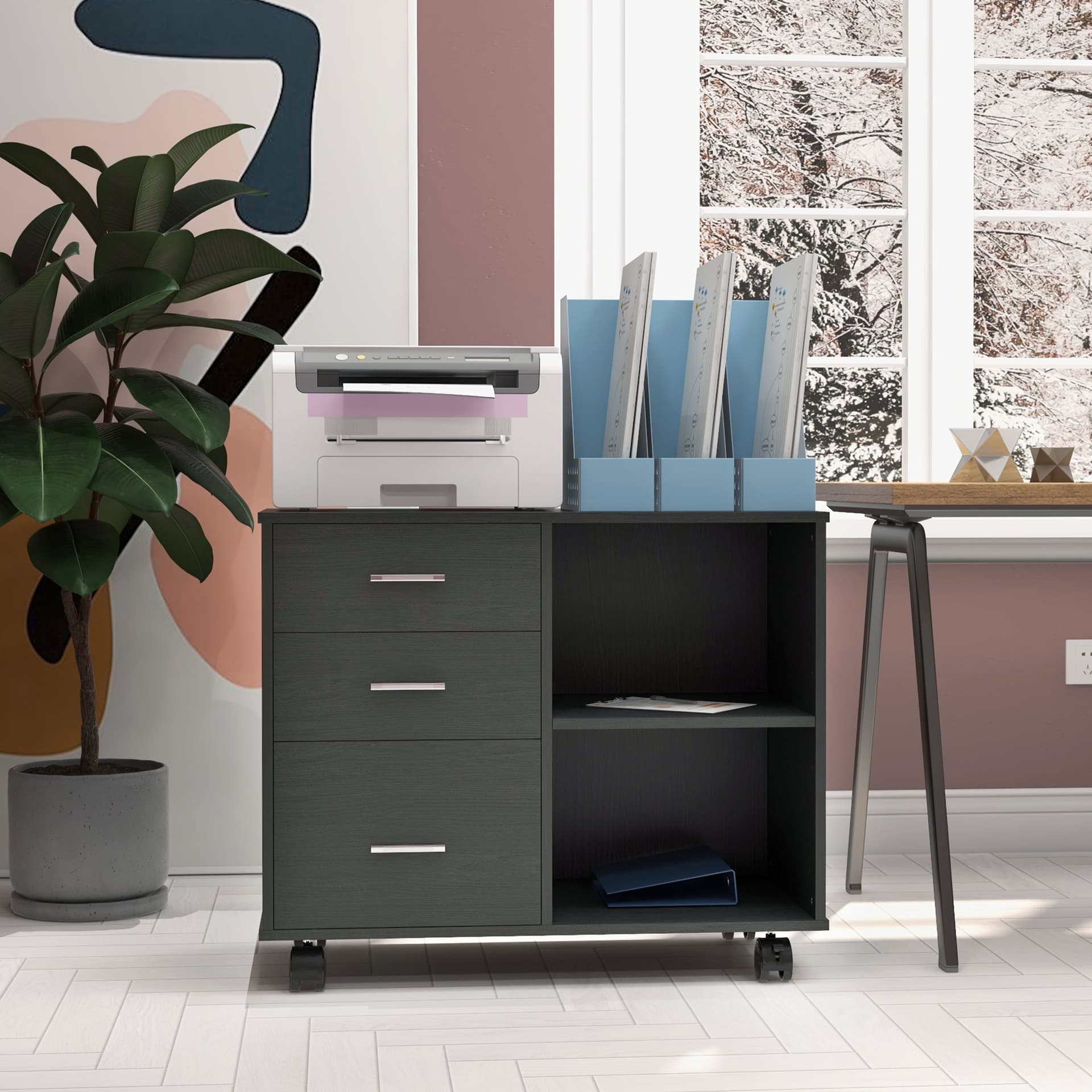 Modern Lateral Filing Cabinet, 3 Drawer File Cabinet for Letter and A4 Size Documents, Mobile, Printer Stand with Open Shelves, Rolling Wheels, Black