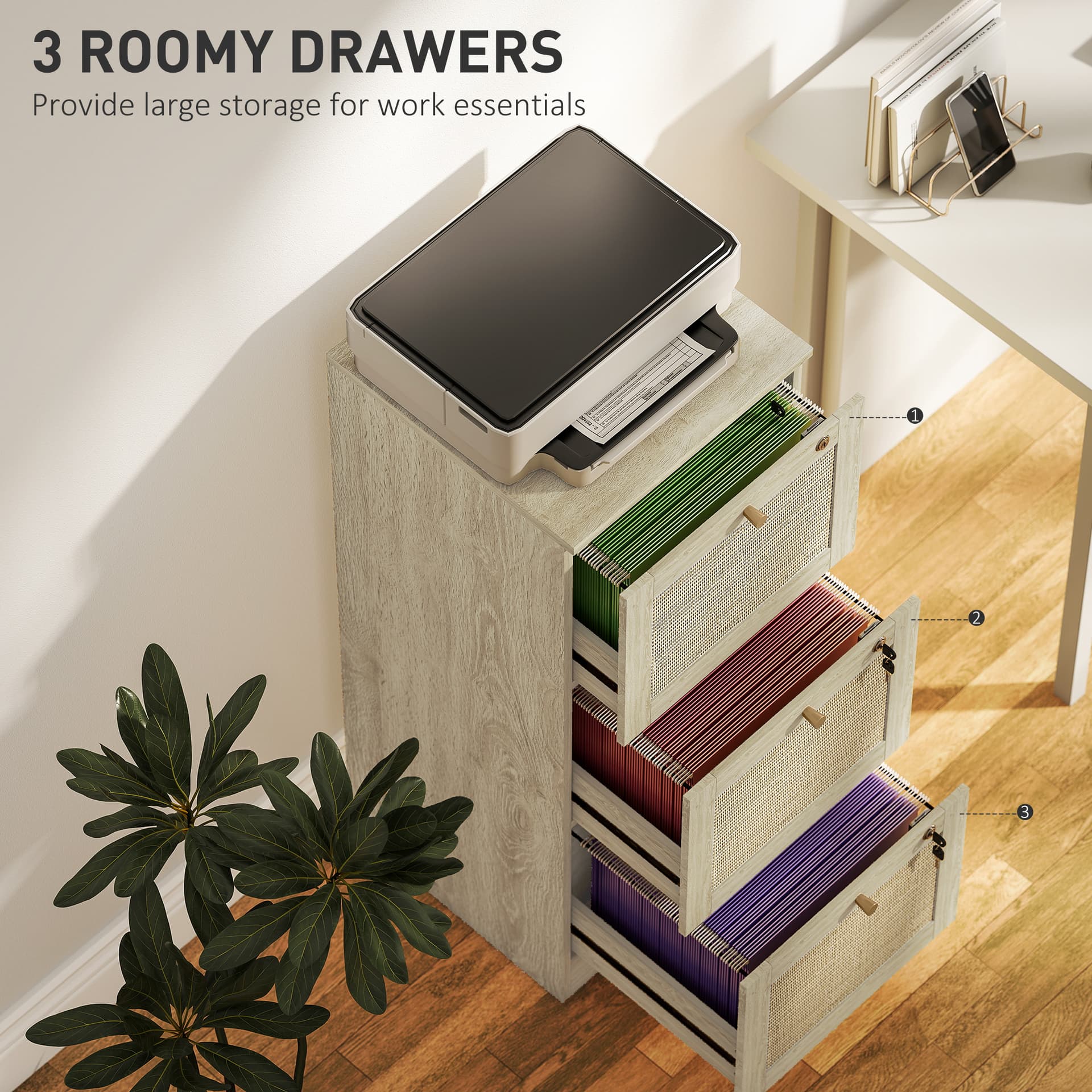 3 Drawer Filing Cabinet with Lock, Boho File Cabinet for A4 Letter Size Files with Decorative Rattan Accents, Oak