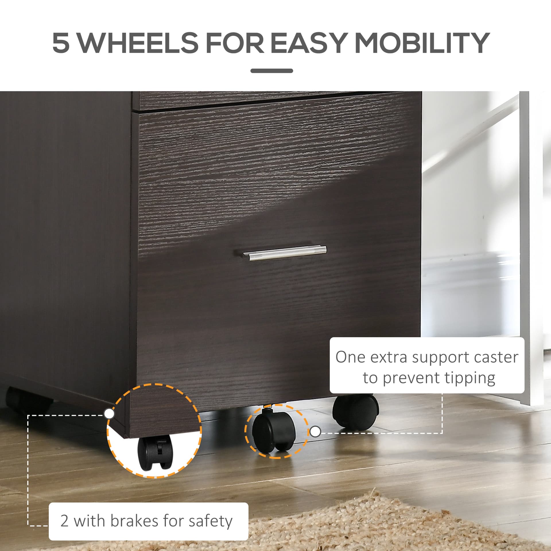 Mobile Filing Cabinet, Vertical File Cabinet with 2 Drawers, Wheels, for Letter or A4 File, Brown