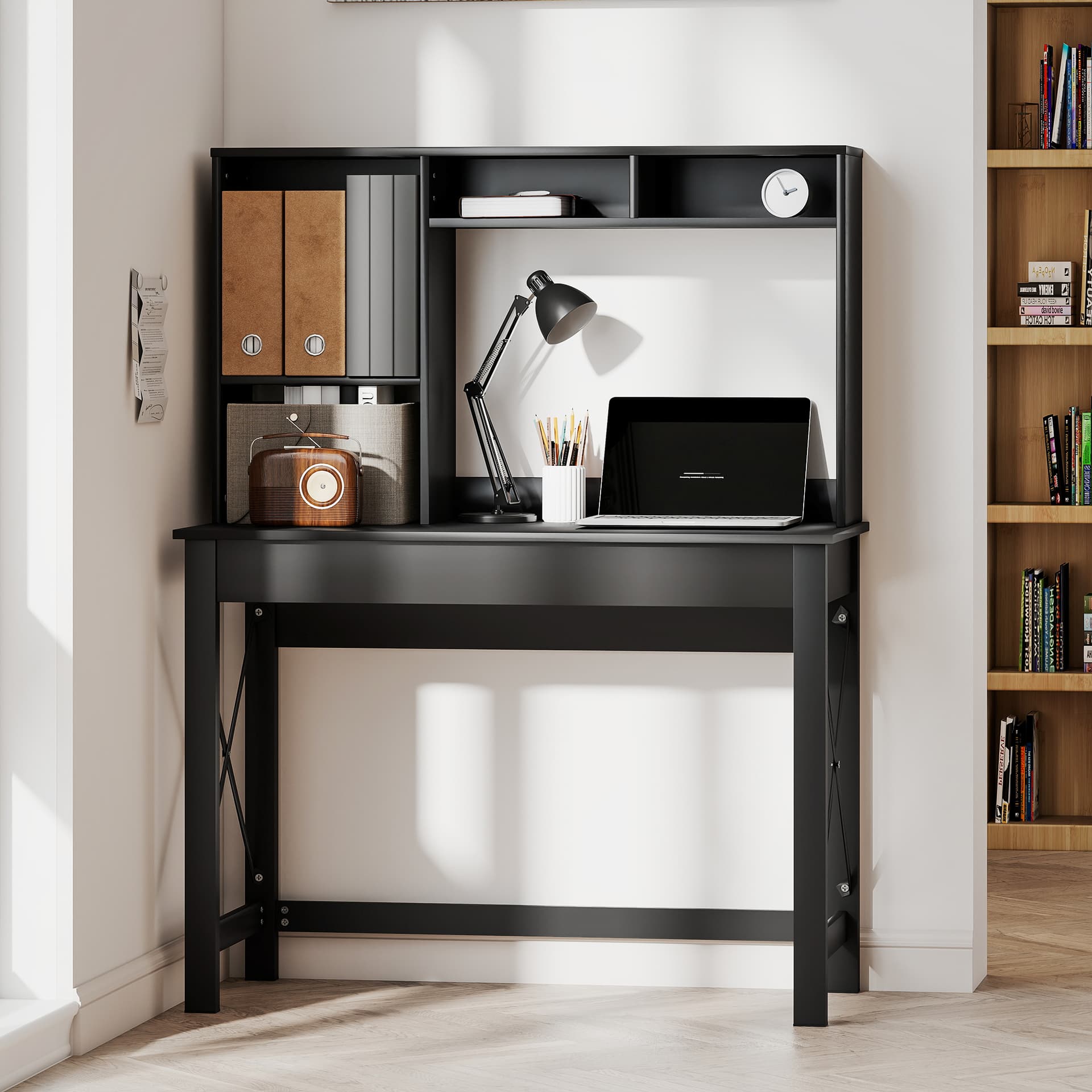 Computer Desk with Hutch, Home Office Table with Storage Shelves and Open Compartments for Writing, Work, Black